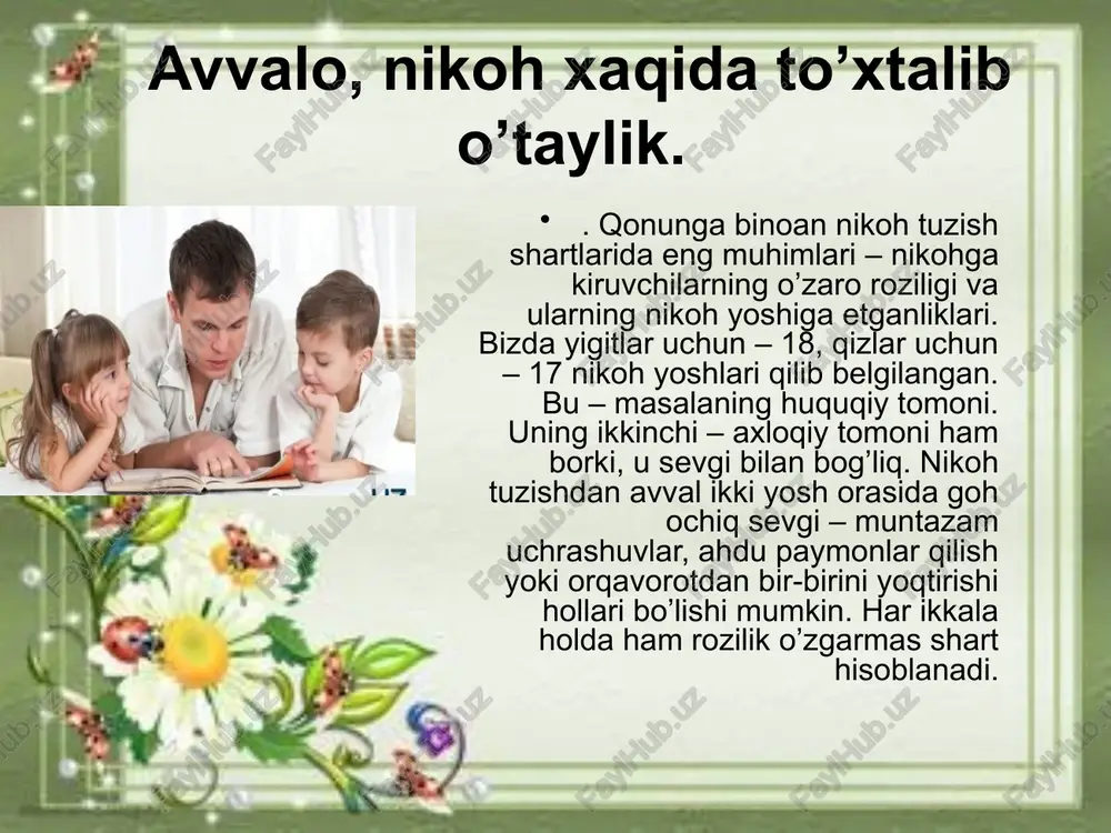 i paytlarda muhtojlikdan saqlab turish uchun etarli bo’lgan uy-ro’zg’or ashyolari ajratiladi. shuningdek, oilaning tabiiy buzilishi ham mavjud. unda ota-onaning, yoki otaning vafoti tufayli oila mulkining meros bo’lib bir yoki bir necha farzandga o’tishi munosabati bilan oila buzilishi mumkin. bundan tashqari, nikoh bekor qilinishi munosabati bilan oila buziladi. aslida nikoh ham diniy, ham dunyoviy nuqtai nazardan buzilmasligi kerak. lekin o’rtada xiyonat sodir bo’lishi yoki yana boshqa bir xil sabablar tufayli nikohni faqat axloqiy obro’ga ega, qonun bilan tan olingan idoralar, masalan sud, va vakolatli ruhoniy bekor qilishi mumkin, zero u, aytganimizdek, axloqiy hodisa. har bir jamiyat mana shu so’nggi turdagi oila buzilishiga qarshi kurashadi. bunday oila buzilishi qancha kamaysa, u o’sha jamiyat axloqiy takomillashib borayotganini anglatadi. image2.jpeg image3.jpeg image4.jpeg image5.jpeg image6.jpeg image7.jpeg image8.jpeg image9.jpeg image10.jpeg image11.jpeg image12.jpeg image13.jpeg image14.jpeg image15.jpeg image16.jpeg image17.jpeg image1.jpeg we | n sig ps ; oo ' /docprops/thumbnail.jpeg