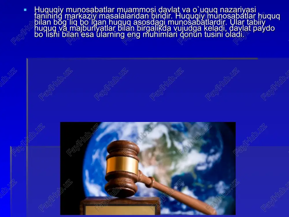 ‘z navbatida birinchisi — mulkiy munosabatlarni, ikkinchisi — davlatga qarshi qaratilgan jinoyat qilishdan kelib chiqadigan ijtimoiy munosabatlarni tartibga soluvchi huquqiy normalardir. huquq sohasi huquq sohasi – bu huquq tizimining asosiy qismi va mustaqil bo‘g‘inidir. hqar bir huquq sohasi umumiy va maxsus qismdan iborat bo‘ladi. bularda shu sohaga tegishli ijtimoiy munosabatlarni tartibga solishning umumiy va maxsus tamoyillari bayon etiladi. huquq normalari, institutlari va huquq sohalariga birlashib yagona huquq tizimini tashqil qiladi. huquq tizimi — huquqning mohiyati bilan ya’ni tabiiy huquq — tabiat tomonidan berilgan. masalan, insonning yashash huquqi, har bir shaxsning mulkdor bo‘lishlik huquqi va pozitiv huquq davlat tomonidan chiqarilgan (obyektiv va subyektiv) huquq bilan belgilanadi. huquq tizimining tuzilish tamoyillari. huquq tizimi tarixan obyektiv shakillanuvchi hodisa bo‘lgani sababli, uning normalari, huquq institutlari va huquq sohalariga ish ham obyektiv tamoyillarga asoslanadi. huquq tizimining obyektiv tamoyillari —bu jamiyatda har bir huquq sohasi bilan kishilar o‘rtasidagi ijtimoiy munosabatlarni tartibga solishdir. bu ijtimoiy munosabatlar o‘zining …
