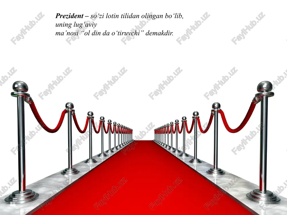 egallashi, vakillik organining deputati bo‘lishi, tadbirkorlik faoliyati bilan shug‘ullanishi mumkin emas. 91- modda. savol va topshiriqlar: 1. o‘zbekiston respublikasi prezidenti qachondan boshlab o‘z faoliyatini boshlashi mumkin? 2. o‘zbekiston prezidenti lavozimiga qanday fuqarolar saylanishi mumkin? 3. respublikamizda prezidentlikka saylov qay tarzda o‘tkaziladi? 4. o‘zbekiston respublikasi prezidentining vakolatlarini sanab bering. 5. o‘zbekiston respublikasi prezidenti tomonidan qanday huquqiy hujjatlar chiqariladi? 6. vakolati tugagan prezident qanday faoliyat bilan shug‘ullanadi? 7. prezident o‘zbekiston respublikasi qurolli kuchlarida qanday maqomga ega? 8. favqulodda vaziyatlar tug‘ilganida prezident qanday vakolatlaridan foydalanishi mumkin? 9. qanday vaziyatlarda va qay tartibda oliy majlisning qonunchilik palatasi va senati tarqatib yuborilishi mumkin? image3.jpeg image4.jpeg image5.jpeg image6.jpeg image7.jpeg image8.jpeg image9.jpeg image10.png image1.jpeg olty trodasining qonuniy ifodasidir | o’zbekiston respublikasining konstitutsiyasi /docprops/thumbnail.jpeg name of presentation