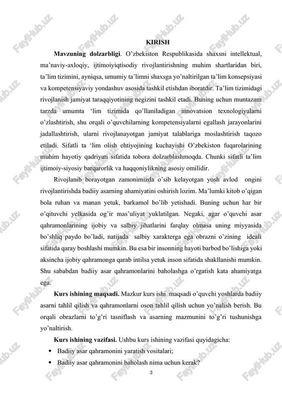 .zunnunovning adabiy ta’lim metodlarini tasniflashga oid qarashlarida obrazlar, lavhalarni taqqoslash, asar yoki uning biror bo`limi qurilishi,uslub xususiyati, unda ifodalangan lavha va tabiat manzaralari, qahramonlarni qiyosiy o`rganish rejasini tuzish izlanish metodi; ikki yoki bir necha asarni mavzu bo`yicha, g`oyaviy, adabiy-nazariy, tarixiy-adabiy reja, sahnalashtirilgan nusxasi bilan taqqoslanishi tadqiqot metodi doirasida bajariladigan faoliyat turlari ekanligi ta’kidlanadi. adabiy tahlilga shu tariqa ta’rif berilganda hodisaga xos deyarli barcha asosiy xususiyatlar qamrab olinadi, deyish mumkin. . i bob. badiiy asar qahramonlarini yaratish. 1.1 badiiy asar qahramonini yaratish vositalari. 1. portret- qahramonning tashqi ko’rinishi tasviri. ta’kidlanganidek, bu xarakterni individuallashtirish usullaridan biridir. yozuvchi portret orqali ko’pincha qahramonning ichki dunyosini, xarakterining xususiyatlarini ochib beradi. adabiyotda portretning ikki turi mavjud - kengaytirilgan va yirtilgan. birinchisi, qahramonning tashqi qiyofasini batafsil tavsiflash (gogol. turgenev, goncharov va boshqalar), ikkinchisi, xarakter rivojlanishi jarayonida portretning xarakterli detallari ajralib turadi (l. tolstoy va boshqalar). l. tolstoy batafsil tavsifga keskin e’tiroz bildirdi, uni statik va unutilmas deb …