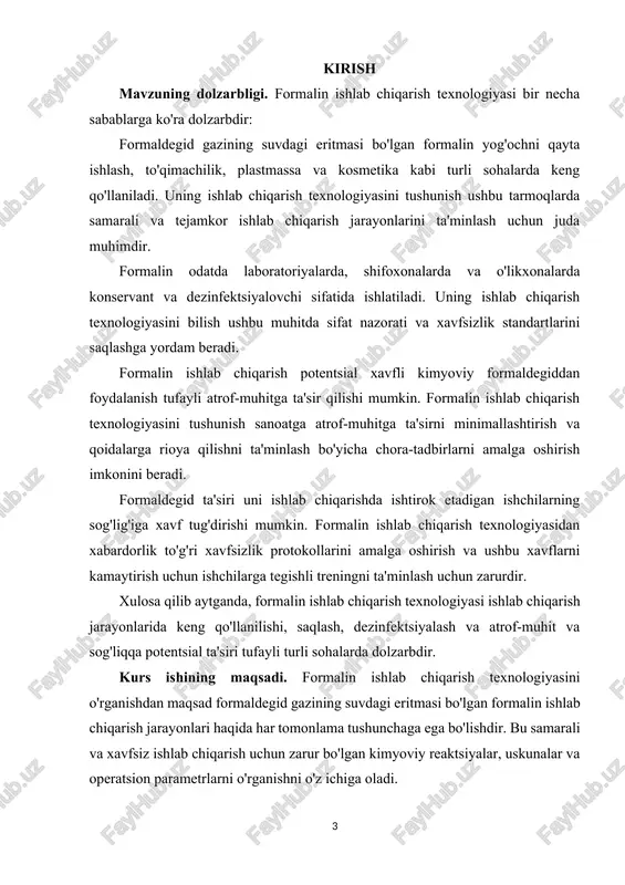 yalar, uskunalar va metodologiyalarni tavsiflovchi so'nggi tadqiqot maqolalari va patentlarini aniqlang. formalin ishlab chiqarish samaradorligini, ishonchliligini va barqarorligini oshirishga qaratilgan kataliz, reaktor dizayni, jarayonlarni intensivlashtirish va avtomatlashtirish sohasidagi yutuqlarni tahlil qilish. turli manbalardan olingan ma'lumotlarni sintez qilish orqali formalin ishlab chiqarish texnologiyasi bo'yicha keng qamrovli adabiyotlarni ko'rib chiqish eng so'nggi bilimlar, paydo bo'layotgan tendentsiyalar va sohani shakllantiruvchi amaliy mulohazalar haqida qimmatli fikrlarni beradi. 1. formalin haqida umumiy ma’lumot. formalin - formaldegidning boshqa nomi. oldingi savdo nomidan keyin "formalin", "formaldegid" birinchi marta 1893 yilda umumiy tovar belgisi sifatida ishlatilgan. eng oddiy aldegid ch 2 o formulasiga ega va vodorod, uglerod va kisloroddan iborat formaldegiddir. xona haroratida formaldegid uchuvchi organik birikmalar deb nomlanuvchi kimyoviy moddalarning keng guruhi bo'lib, bug'lanadi va gazga aylanadi. formalin tarkibi. formalin - formaldegid gazining suvga asoslangan to'yingan eritmasi. uning tarkibida taxminan 40% formaldegid gazi (hajmi bo'yicha) yoki 37% formaldegid gazi (og'irlik bo'yicha), shuningdek, oz miqdorda stabilizator mavjud. umumiy …