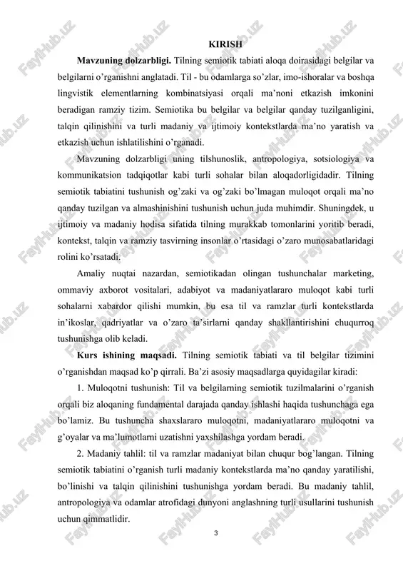 . i bob. tilning belgi sifatida o’rganilishi va til ramzlar tizimi. 1.1 tilning belgi sifatida o’rganilishi. til eng muhim aloqa vositasi va tafakkur qurolimi, u qanday paydo bo’ldi, so’z, buyum va narsa munosabati qanday, so’zning mazmuni, belgisi nima, tildagi boshqa kommunikativ vositalar nimalardan iborat, hayvon tiliga ega bo’lishi mumkinmi, degan savollar ko’plab tadqiqotchilarni qiziqtirib keladi. bu xil savollarga javob qaytarish uchun tilning tabiiy o’ziga xos tovush belgisini bilish lozim bo’ladi. tilning belgilar tizimi ekanligi haqidagi fikrlar antik davrlardagi stoiklar falsafasiga, demokritning so’z va predmet munosabati haqidagi munozaralariga borib taqaladi. d. lokk, g. gegel, v. gumboldt, f.f. fortunatov, f. de sossyur belgilar tizimining kelajagini izohlab berdilar. f. de sossyur o’zining «umumiy lingvistika kursi» asarida belgilar haqida fikr yuritadigan sohani semiologiya deb atadi va tilning belgilar xususiyatini shunday ta’riflaydi: «til - belgilar tizimidir. bunda birdan–bir muhim narsa mazmun bilan akustik obrazning birikishi hisoblanadi. shu bilan birga, belgining bu ikki elementi teng mohiyatli …