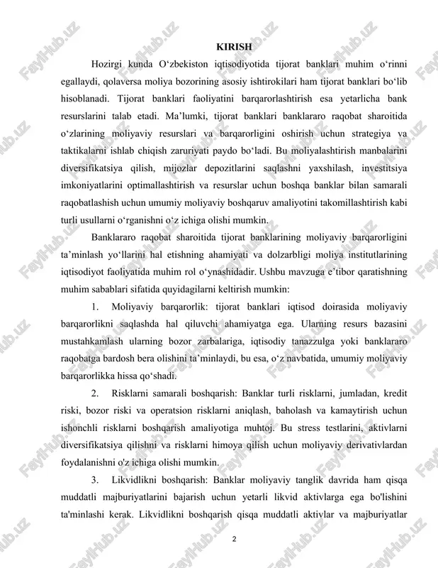 da esa bu ko‘rsatkich 43 327 mlrd so‘mni tashkil etadi[footnoteref:1]. [1: o‘zbekiston respublikasi markaziy banki rasmiy sayti ma’lumoti (cbu.uz) ] shu boisdan, o‘zbekiston respublikasi prezidentining 2022-yil 28-yanvardagi pf-60sonli farmoni bilan tasdiqlangan “2022-2026-yillarga mo‘ljallangan yangi o‘zbekistonning taraqqiyot strategiyasi” da davlat ulushiga ega tijorat banklarida transformatsiya jarayonlarini yakunlab, 2026-yil yakuniga qadar bank aktivlarida xususiy sektor ulushi 60 foizgacha chiqarish belgilangan[footnoteref:2]. [2: o‘zbekiston respublikasi prezidentining 2022 yil 28 yanvardagi pf-60-sonli farmoni bilan tasdiqlangan “2022—2026-yillarga mo‘ljallangan yangi o‘zbekistonning taraqqiyot strategiyasi” o‘zbekiston respublikasi qonun hujjatlari to‘plami. – toshkent, 2022.] atb “universal bank” faoliyati yuzasidan taqdim etilgan 2023-yildagi 13-oktyabrdagi hisobot natijalariga ko‘ra bank jami passivlari 2 124 426 066.00 ming so‘mni tashkil etib, uning 19,39 foizi o‘z mablag‘laridir. jalb qilingan mablag‘larning asosiy qismi esa mos ravishda muddatli va talab qilib olinguncha depozitlarga tegishli (908 621 433.00 ming so‘m va 577 759 473.00 ming so‘m) [footnoteref:3]. [3: o‘zbekiston respublikasi istiqbolli loyihalar milliy agentligi milliy agentligi korporativ axborot …