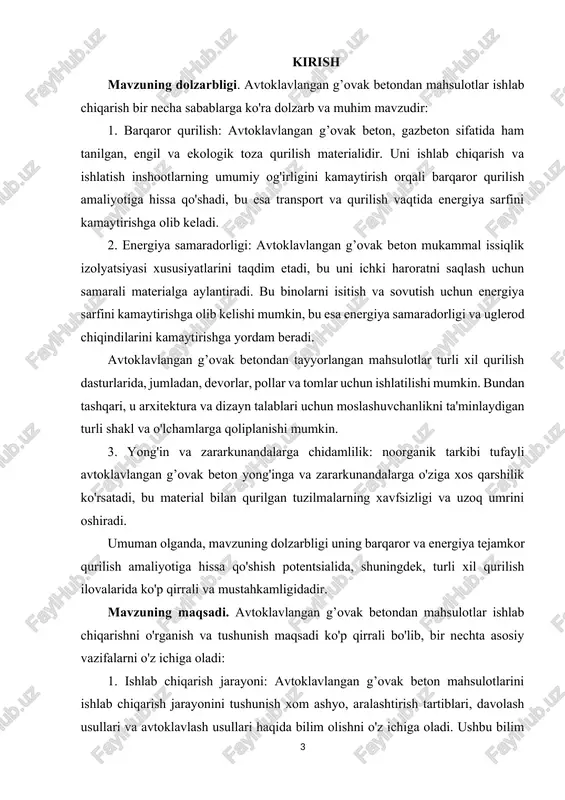 i betondan tayyorlangan aniq moddiy buyumlar va qurilish elementlari atrofida aylanadi. 1. har xil turdagi qurilish betonlarini ishlab chiqarish texnologiyasi va usullari. bu ishlab chiqarish usulining o'ziga berilgan nom emas, balki materialni qattiqlashtirish usuli. ko'pincha, gazbetonli beton - tsement , silikat, gips - bu davolashga duchor bo'ladi, chunki bunday aralashmaning dastlabki tarkibiy qismlari qo'shimcha reaktsiyalarni amalga oshirishga imkon beradi, bu esa mahsulotning mustahkamligini sezilarli darajada oshiradi. printsipial jihatdan portlend tsementiga asoslangan gazbetonli beton avtoklav bilan ishlovsiz ishlab chiqarilishi mumkin, ammo gaz silikatlari faqat avtoklavning qattiqlashuvi sharoitida etarli kuchga ega bo'ladi. shunday qilib, avtoklavlangan uyali beton ishlab chiqarishning birinchi bosqichi. uyali betonning asosiy to'ldiruvchisi havodir. shubhasiz, havo pufakchalari ta'sir qiladigan materiallar qanchalik nozik va engil bo'lsa, yakuniy mahsulotda ularning ko'pi saqlanib qoladi. mumkin bo'lgan eng yuqori g'ovaklikka erishish uchun boshlang'ich komponentlar eziladi. qoida tariqasida, bu kremniyli ingredient va ohakdir, chunki tsement va alyuminiy kukunlari allaqachon ezilgan holatda. amalda ular 2 ta …