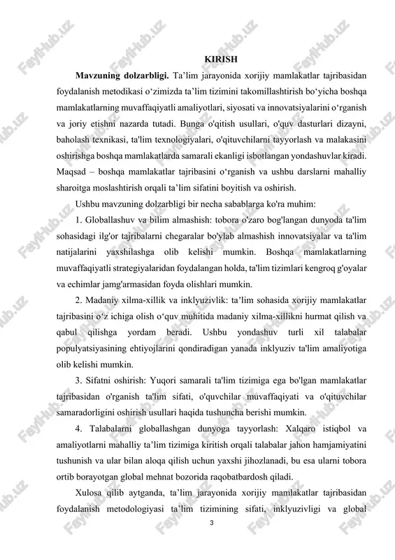 anish muhimdir. bu metodika o'z ichiga xorijiy tajribalarni o'rganish, ularga qiziqish tashlash, ularni o'rganish uchun xususiy kurslar o'tkazish, va ularga o'z mamlakatimizdagi tarbiya tizimida o'zgartirishlar kiritishni o'z ichiga oladi. maqsad esa o'quvchilarni xorijiy tajribalarga oid eng yaxshi amaliyotlardan foydalanib, ularning o'zlarini rivojlantirish va dunyo bo'ylab o'qishga tayyorlashdir. kurs ishining tuzulishi. ushbu kurs ishida 2 bob, 4 reja, xulosa va foydalanilgan adabiyotlardan iborat. i bob. tarbiya jarayonini samaradorligini oshirishda ilg’or xorijiy tajribalar. 1.1 ta’lim-tarbiya samaradorligini oshirishda innovatsion yondashuvning zaruriyati. hozirgi sharoitda innovatsion faollik oliy ta’limning ham mazmun hamda tashkiliy tuzilmaviy jihatdan qayta ishlab chiqish bilan bevosita bog‘liq. bu jarayonlarning asosi bo‘lib oxirgi uch, o‘n yillikda pedagogik ta’lim nazariyasini tezkor ishlab chiqilishi bo‘ldi. (a.a.abdulina, ye.v.bondarevskaya, v.i.zagvyazinskiy, v.s.ilin, n.m.kan-kalik, v.a.slastenin va b.q) pedagogik ta’lim rivojlanishining zamonaviy innovatsion yo‘nalishlarini ichida xususiy innovatsion nazariyani shaxsiy (xususiy) yo‘nalishli ta’lim sohasidagi ishlanmalarni, ta’limni tashkiliy-tuzilmaviy modelini, ta’limni ko‘p darajali tizimini rivojlantirishni ajratib ko‘rsatish mumkin. hayotiy kelajakni amalga oshirish …