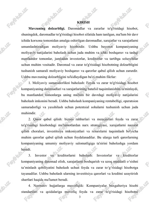 davomidagi daromadlari, xarajatlari va xarajatlari haqida qisqacha ma’lumot berishdan iborat. ushbu moliyaviy hisobot ko'rib chiqilayotgan davrda kompaniya foyda keltirgan yoki zarar ko'rganligini ko'rsatishga qaratilgan. u kompaniyaning asosiy faoliyati natijasida kelib chiqadigan sof daromad yoki sof zararni tavsiflaydi va uning moliyaviy natijalari haqida qimmatli tushunchalarni beradi. p&l bayonoti rentabellikni baholash, asoslangan biznes qarorlarini qabul qilish va manfaatdor tomonlar va nazorat qiluvchi organlar oldidagi hisobot majburiyatlarini bajarish uchun juda muhimdir. kurs ishining obyekti. foyda va zarar (p&l) hisobotining ob'ekti kompaniyaning ma'lum bir davrdagi daromadlari, xarajatlari va xarajatlarini aks ettiruvchi to'liq moliyaviy hujjat bo'lib xizmat qilishdir. daromad va xarajatlarni batafsil ko'rsatib, p&l hisoboti korxonalarga moliyaviy ko'rsatkichlarini baholash, kuchli va zaif tomonlarini aniqlash va rentabellikni oshirish uchun asosli qarorlar qabul qilish imkonini beradi. 1. foyda va zararlar to`g`risidagi hisobot mazmuni. foyda va zararlar to`g`risidagi hisobot tijorat bankining hisobot davridagi moliyaviy faoliyatini ko`rsatadi va bu faoliyatning turli jihatlarini tushunishga imkon beradi. foyda va zararlar to`g`risidagi …