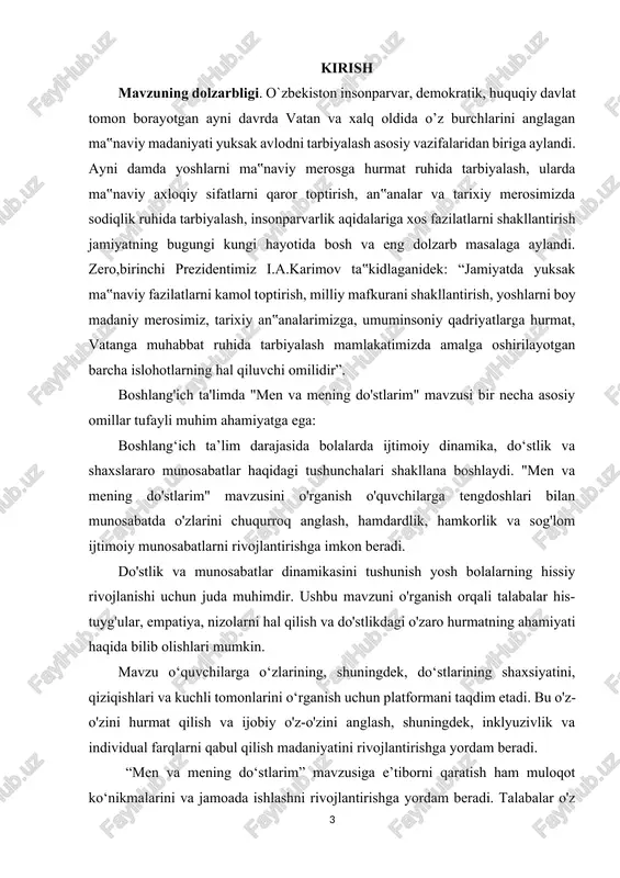 n zamin yaratadi. 2. o‘z-o‘zini aks ettirish va o‘zlikni shakllantirish: bu mavzu orqali o‘quvchilar o‘z shaxsiyatlari, qiziqishlari va kuchli tomonlari, shuningdek, do‘stlari haqida fikr yuritishga undaydi. bu o'z-o'zini va boshqalarni yaxshiroq tushunishga yordam beradi, ijobiy o'zini o'zi anglash va xilma-xillik va individual farqlarni chuqurroq qadrlashni shakllantirishga yordam beradi. 3. muloqot va hamkorlik ko‘nikmalari: mavzu talabalarning muloqot va hamkorlik ko‘nikmalarini oshirishga qaratilgan. o'z ijtimoiy doiralaridagi o'zaro munosabatlarga e'tibor qaratish orqali talabalar o'z fikrlarini ifoda etishni, faol tinglashni va boshqalar bilan samarali ishlashni o'rganadilar, shu bilan muvaffaqiyatli muloqot va jamoaviy ish uchun asos yaratadilar. 4. madaniy va ijtimoiy xabardorlik: do‘stlik va munosabatlarga oid munozaralar va tadbirlar orqali o‘quvchilar turli madaniyatlar, an’analar va qarashlar haqida tushuncha hosil qiladi. bu inklyuzivlikni va xilma-xillikni hurmat qilishni rag'batlantiradi, sinf muhitini yanada uyg'unlashtirishga hissa qo'shadi. 5. mojaroni hal qilish va hurmat qilish: yana bir maqsad o‘quvchilarni mojarolarni tinch yo‘l bilan hal qilish va boshqalarga hurmat bilan munosabatda …