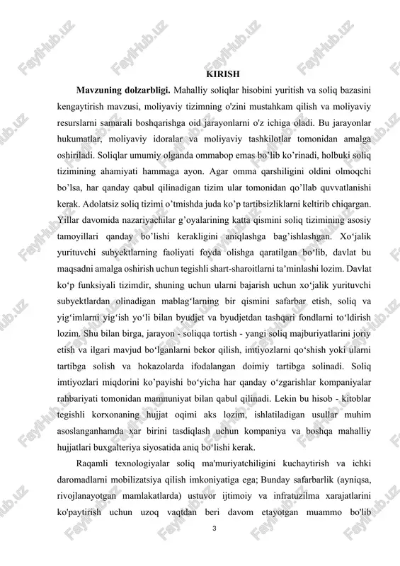 'plash, soliqlar orqali mamlakatni isloh qilish va ijtimoiy taraqqiyotni ta'minlashdir. mahalliy soliqlar hisobini yuritish va soliq bazasini kengaytirish orqali hukumatlar, moliyaviy resurslarni to'plash, kirimni mustahkam qilish va xarajatlarni tartibga solish imkoniyatiga ega bo'ladi. kurs ishining predmeti va obyekti. predmeti: mahalliy soliqlar hisobini yuritish va soliq bazasini kengaytirishning asosiy predmeti moliyaviy tizimning tarkibiy qismlari, yani soliq baza, hisob-kitob tizimi, soliqlar to'plami va moliyaviy tashkilotlar, shuningdek, soliq qonunchiliklari, soliqlar tizimini isloh qilish va soliqlarni to'plash va hisob-kitob qilish jarayonlari bilan bog'liq muammolarni o'z ichiga oladi. obyekti: mahalliy soliqlar hisobini yuritish va soliq bazasini kengaytirishning asosiy obyekti moliyaviy resurslar, yani moliyaviy aktivlar, daromadlar, xarajatlar, qarzdorliklar va boshqa moliyaviy ko'rsatkichlar, shuningdek, soliq to'plash, soliq tizimi isloh qilish va soliqlar tuzilishi va boshqarilishi bilan bog'liq moliyaviy jarayonlardir. bu obyektlar hukumatlar va moliyaviy tizimlar tomonidan to'plash, boshqarilish va hisob-kitob qilishga oid moliyaviy ma'lumotlar va operatsion jarayonlar hisoblanadi. i bob. mahalliy byudjetlar daromadlarini shakllantirish va mahalliy soliqlarni …