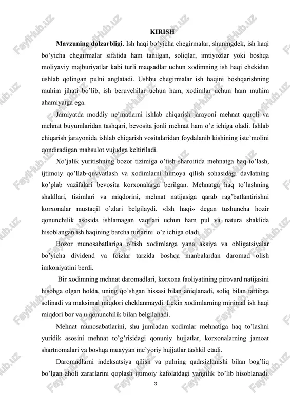 haqini oshkora va aniq boshqarish: ishdan ajratmalar qanday hisoblanayotganini tushunib, ish beruvchilar ish haqini qayta ishlashni aniq boshqarishi mumkin. bu xodimlarga to’g’ri ish haqi to’lanishini hamda soliqlar, imtiyozlar va boshqa majburiyatlar bo’yicha chegirmalarning shaffof va aniq bajarilishini ta’minlaydi. 3. xodimlarning moliyaviy savodxonligi va farovonligi: xodimlar uchun maoshidan ajratmalar va ular qanday hisoblanayotganini tushunish shaxsiy moliyasini boshqarishda muhim ahamiyatga ega. bu ularga o’zlarining sof maoshlarini oldindan bilish, imtiyozlar va ixtiyoriy ajratmalar haqida asosli qarorlar qabul qilish va o’z byudjetlarini samarali rejalashtirish imkonini beradi. kurs ishining predmeti va obyekti. "ish haqidan ushlab qolinish va ularni hisoblash" mavzusi xodimning sof ish haqiga erishish uchun yalpi ish haqini kamaytirish bilan bog’liq jarayon va qoidalarga taalluqlidir. bu soliqlar, sug’urta mukofotlari, pensiya badallari va boshqa majburiy yoki ixtiyoriy ravishda xodimning daromadidan ushlab qolish kabi chegirmalarning turli turlarini tushunishni o’z ichiga oladi. ish beruvchilar ushbu sub’ektning asosiy ob’ekti hisoblanadi, chunki ular xodimlarning ish haqi bo’yicha ajratmalarni hisoblash, …
