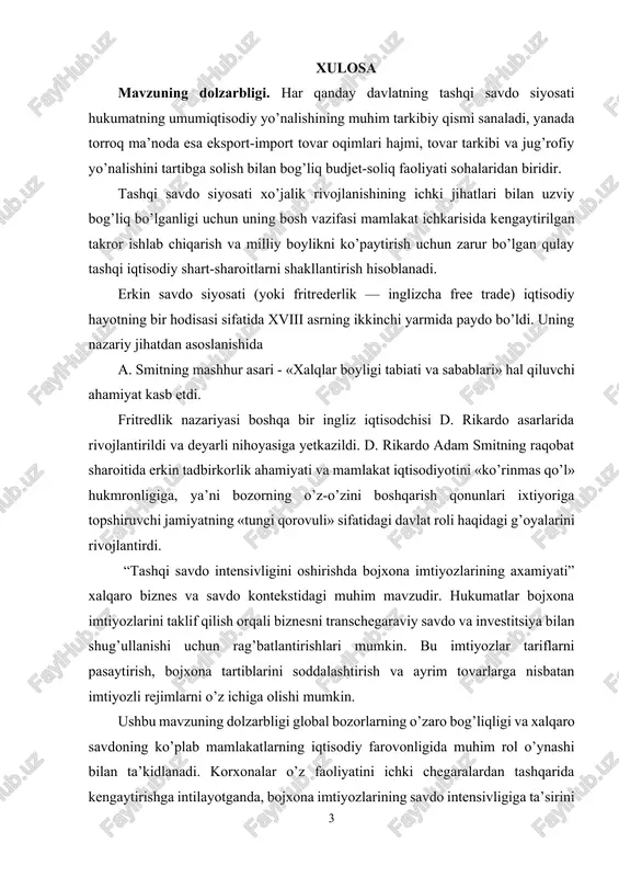 not zanjiri strategiyalariga ta’sir qilishi va transchegaraviy savdoning umumiy intensivligini oshirishni o’z ichiga oladi. savdo intensivligini oshirishda bojxona imtiyozlarining maqsadi va funktsiyasini tushunish siyosatchilar, iqtisodchilar, biznes va savdo amaliyotchilari uchun xalqaro savdo shakllarini shakllantiruvchi omillarni tushunishga va samarali savdo siyosati shakllantirishga intilishlari uchun juda muhimdir. kurs ishining predmeti va obyekti. “tashqi savdo intensivligini oshirishda bojxona imtiyozlarining axamiyati” mavzusi bojxona bilan bog’liq afzalliklar orqali xalqaro savdoni osonlashtirish uchun hukumatlar yoki savdo bitimlari tomonidan amalga oshirilayotgan siyosat, chora-tadbirlar va rag’batlantirishlar atrofida aylanadi. bu turli jihatlarni o’rganishni o’z ichiga oladi, masalan, tariflarni pasaytirish, soddalashtirilgan bojxona jarayonlari, bojdan ozod qilish va to’siqlarni kamaytirish va transchegaraviy savdo faoliyatini kengaytirishga qaratilgan boshqa savdoni osonlashtirish choralari. eksportchilar va importchilarga bojxona imtiyozlari bevosita ta’sir ko’rsatadi, chunki ular xarajatlarni kamaytirish, bozorga kirishni yaxshilash va soddalashtirilgan tartib-qoidalardan foyda olishlari mumkin, bu esa ularning savdo qarorlari va strategiyalariga ta’sir qiladi. ii bob o’zbekiston respublikasi tashqi savdosining rivojlanishi va takomillashtirishda tartib qoidalar. …