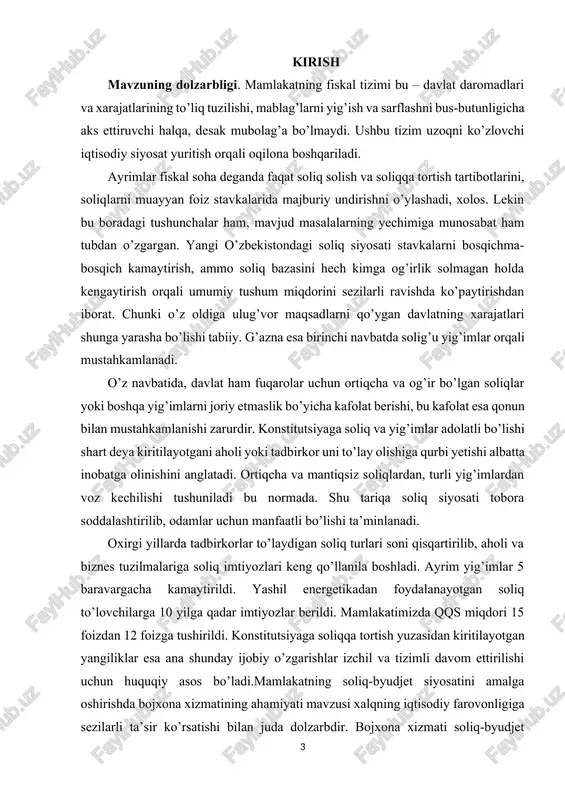 oshqa to’lovlarni undirish orqali davlat uchun muhim daromad manbai hisoblanadi. bu daromad umumiy fiskal siyosat va davlat byudjetiga hissa qo’shadi. bojxona xizmati import va eksport uchun qo’llaniladigan tariflar va bojlarni boshqarish va undirish uchun javobgardir. bu to’g’ri tarif tasnifini aniqlash, tovarlarni baholashni baholash, tegishli boj va soliqlarni yig’ishni o’z ichiga oladi. kurs ishining predmeti va obyekti. bojxona xizmati import va eksport qilinadigan tovarlar bo’yicha bojxona to’lovlari, soliqlar va boshqa yig’imlarni undirish uchun javobgardir. bu daromad mamlakatning umumiy fiskal siyosatiga hissa qo’shadi, davlat operatsiyalari, kommunal xizmatlar va infratuzilmani rivojlantirish uchun mablag’larni ta’minlaydi. bojxona xizmati daromadlarni yig’ish va savdoni tartibga solish orqali soliq-byudjet siyosatini amalga oshirish uchun mas’ul bo’lgan sub’ekt bo’lib, ob’ekt yig’iladigan mablag’lar va hukumatning fiskal maqsadlarini qo’llab-quvvatlash uchun tartibga solinadigan savdo faoliyatidir. i bob. davlatning fiskal siyosati: bojlar, soliqlar, tariflar va ularning qo’llanilishi. 1.1 soliqlar, bojlar, tariflar va ular o’rtasidagi farqlar. boj va tarif so’zlari ba’zan bir-birining o’rnida ishlatilsa-da, ikkalasi …