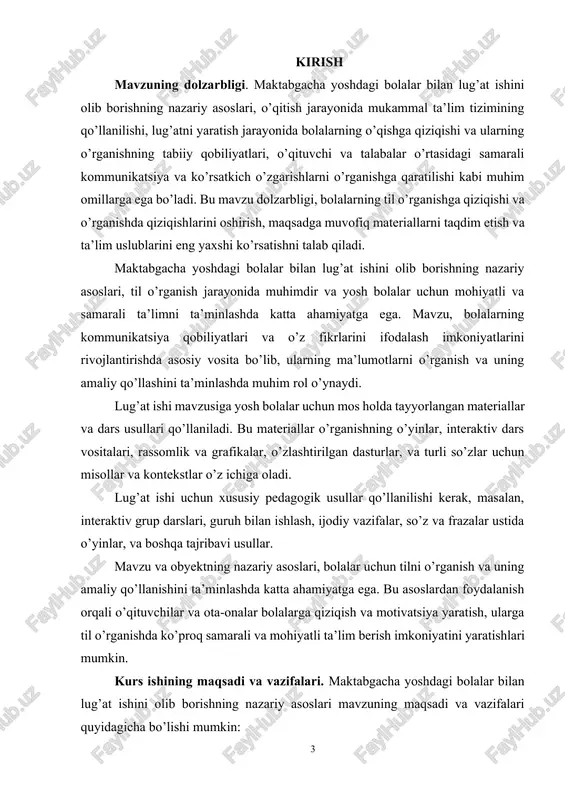 g predmeti va obyekti quyidagicha bo’lishi mumkin: - mavzu, bolalarning tilni o’rganishda muhim ahamiyatga ega bo’lgan so’zlar va ularning ma’nolari, qo’llanmalari, va kontekstlarini o’z ichiga oladi. - til o’rganishning o’qitish jarayonlarini va metodlarini tashkil etish uchun tajribavi materiallar taqdim etadi. - bolalar o’rtasidagi komunikatsiya jarayonlarini o’rganish uchun zarur bo’lgan so’zlar, ifodalar va so’z to’plamlari haqida ma’lumotlar o’z ichiga oladi. i bob. maktabgacha yoshdagi bolalar bilan lugʻat ishini olib borishning nazariy asoslari. 1.1 tevarak-atrof bilan tanishtirishning ahamiyati, bolalar tomonidan lug’atni o’ziashtirish xususiyatlari. tevarak-atrof bilan tanishtirish va lug’at ustida ishlash bolalar bog’chasi tarbiyachilarining oldiga qo’yilgan eng muhim vazifalardan biridir. maktabgacha tarbiya yoshi bolalarning voqelikni faol idrok qiladigan va tevarak-atrofdagi hayotga kirishib ketadigan bir davrdirki, bu davrda ularning so’z boyliklari juda tez o’sib boradi. tarbiyachi bolalarni tevarak-atrof bilan (narsalar, jonli tabiat hodisalari, ijtimoiy hayot hodisalari) tanishtirar, ularning bilish faoliyatini yo’lga qo’yar va boshqarar ekan, har bir bolaga uning to’plagan tajribasini tartibga solishda yordarn- …