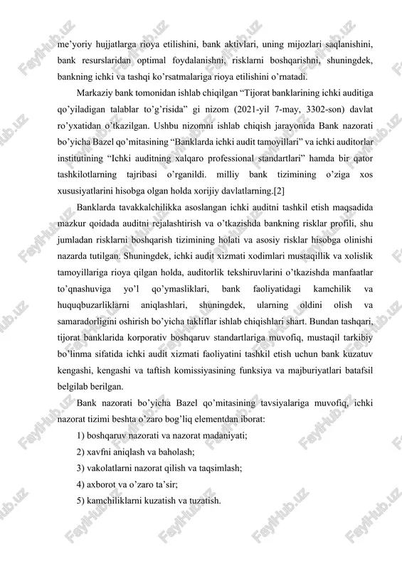 “tijorat banklarining ichki auditiga qo’yiladigan talablar to’g’risida” gi nizom (2021-yil 7-may, 3302-son) davlat ro’yxatidan o’tkazilgan. ushbu nizomni ishlab chiqish jarayonida bank nazorati bo’yicha bazel qo’mitasining “banklarda ichki audit tamoyillari” va ichki auditorlar institutining “ichki auditning xalqaro professional standartlari” hamda bir qator tashkilotlarning tajribasi o’rganildi. milliy bank tizimining o’ziga xos xususiyatlarini hisobga olgan holda xorijiy davlatlarning.[2] banklarda tavakkalchilikka asoslangan ichki auditni tashkil etish maqsadida mazkur qoidada auditni rejalashtirish va o’tkazishda bankning risklar profili, shu jumladan risklarni boshqarish tizimining holati va asosiy risklar hisobga olinishi nazarda tutilgan. shuningdek, ichki audit xizmati xodimlari mustaqillik va xolislik tamoyillariga rioya qilgan holda, auditorlik tekshiruvlarini o’tkazishda manfaatlar to’qnashuviga yo’l qo’ymasliklari, bank faoliyatidagi kamchilik va huquqbuzarliklarni aniqlashlari, shuningdek, ularning oldini olish va samaradorligini oshirish bo’yicha takliflar ishlab chiqishlari shart. bundan tashqari, tijorat banklarida korporativ boshqaruv standartlariga muvofiq, mustaqil tarkibiy bo’linma sifatida ichki audit xizmati faoliyatini tashkil etish uchun bank kuzatuv kengashi, kengashi va taftish komissiyasining funksiya va …