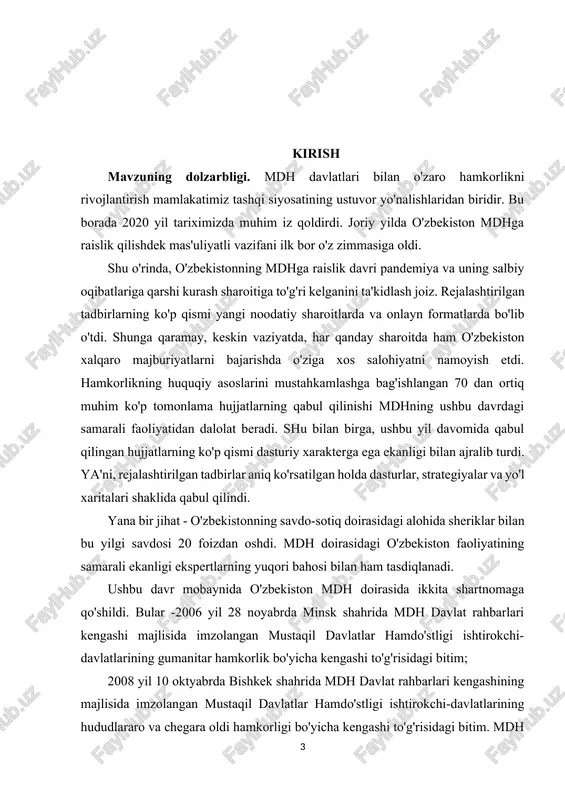 iktisodiy faoliyat soxasida davlat xizmatlarining shaffofligini va ulardan erkin foydalanish imkoniyatini, mamlakatning iktisodiy manfaatlarini xisobga olgan holda, eksport-import operatsiyalarining mutanosibligini taʼminlash tadbirkorlik faoliyatini jadal rivojlantirish, investitsiya va eksport salohiyatini oshirish, aholining turmush sharoiti va sifatini yaxshilashning eng muxim shartlari hisoblanadi. kurs ishining maqsadi va vazifalari. mustaqil davlatlar hamdo‘stligi (mdh) mamlakatlari bojxona organlari o‘rtasidagi hamkorlikni rivojlantirishdan maqsad samarali bojxona tartib-taomillarini osonlashtirish, savdoni yengillashtirishni kuchaytirish, mdh hududi doirasida tovarlarning transchegaraviy olib o‘tishidagi to‘siqlarni kamaytirishdan iborat. asosiy maqsad iqtisodiy integratsiyani rivojlantirish, bojxona jarayonlarini tartibga solish va noqonuniy savdo faoliyatiga qarshi kurashish, natijada mintaqaviy savdo va investitsiyalar uchun yanada qulay muhitni yaratishdir. vazifalari esa mdh mamlakatlari oʻrtasidagi bojxona hamkorligining samaradorligi va samaradorligini oshirishga, pirovardida transchegaraviy savdoni yengillashtirishga, noqonuniy faoliyatga chek qoʻyishga va mintaqada iqtisodiy integratsiyani ragʻbatlantirishga qaratilgan. kurs ishining predmeti va obyekti. ushbu mavzuning ob'ekti kengaytirilgan bojxona hamkorligiga ko'maklashish va tovarlarning transchegaraviy olib o'tishini osonlashtirishdan iborat bo'lib, quyidagilarga e'tibor qaratiladi: 1. bojxona tartib-qoidalari va …