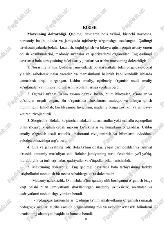 avrlarda bola ta'limining asosiy sub'ekti o'quv jarayonini osonlashtirgan o'qituvchi yoki rahbar edi. bular ota-onalar, oqsoqollar, mohir hunarmandlar, ruhoniylar yoki bolalarga bilim va ko'nikmalar berishga mas'ul bo'lgan tayinlangan jamoat a'zolari bo'lishi mumkin. dastlabki davrlarda bola tarbiyasining predmeti va ob'ektini tushunish ta'lim jarayonidagi rollarni, munosabatlarni va vazifalarni yoritadi. ta'limning asosiy ishtirokchilari va qabul qiluvchilarini tan olish orqali biz qadimgi jamiyatlardagi o'rganish, madaniyat va jamoa dinamikasining o'zaro bog'liqligi haqida tushunchaga ega bo'lamiz. i bob. eng qadimgi davrlarda ta’lim tarbiya. 1.1 eng qadimgi davrlardan vii asrgacha ta’lim-tarbiya va pedagogik fikrlar taraqqiyoti. xalqimizning eng qadimgi yozma yodgorliklarida ham milliy qadriyatlarga katta e’tibor berilgan. bizga qadar saqlanib qolgan «avesto», so’g’d, o’rxun-enasoy bitiklari kabi yozma yodgorliklaridagi dalillar ana shu mulohazalarni tasdiqlaydi. milliy qadriyatlarimizning ko’p qirralarini o’zida mujassamlashtirgan eng muhim yozma yodgorlik «avesto»dir. zardushtiylik dinining muqaddas kitobi bo’lmish «avesto»ning ilk sahifalari bundan uch ming yil ilgari xorazmda yaratila boshlagan. eramizdan oldingi vii asrga kelib, uni amudaryo soxilidagi tuya …