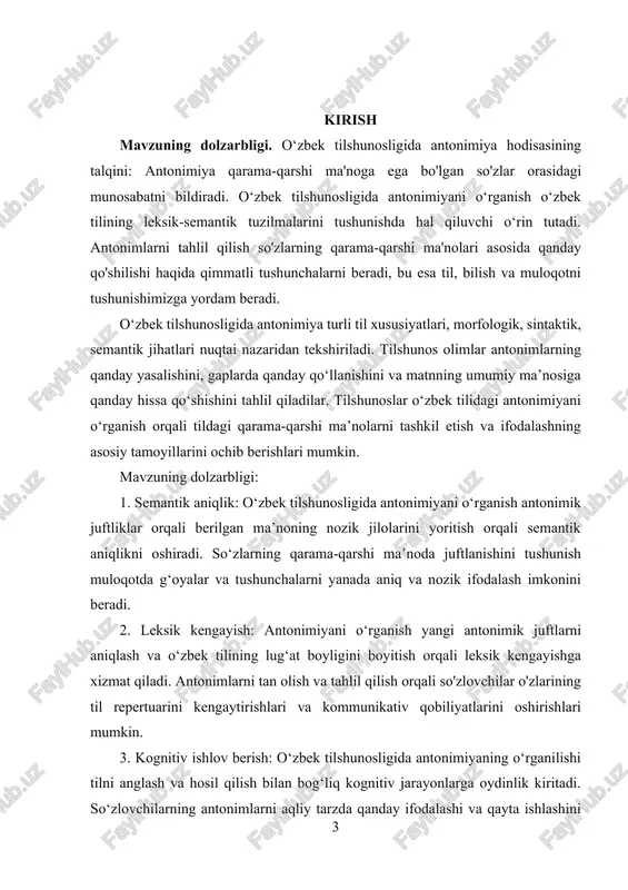 aytiradi. kurs ishining predmeti va obyekti. o‘zbek tilshunosligida antonimiyani o‘rganish o‘zbek tilidagi til tuzilishi, semantikasi va aloqa shakllarini chuqurroq anglash, nazariy bilimlarni boyitish hamda til o‘rgatish va tadqiqotlarda amaliy qo‘llash imkonini beradi. o‘quvchilarning so‘z boyligini oshirish, ma’no qarama-qarshiliklarini tushunish va o‘zbek tilida til bilish darajasini oshirish uchun antonimiyaga qaratilgan o‘quv materiallari va mashqlarni ishlab chiqish. i bob. antonimiya hodisasini o’ziga xos xususiyatlari va tilshunoslik qo‘llanmalaridagi talqini 1.1 antonimlar va ularning o’ziga xos xususiyatlari. leksik antonimiya. o’zaro qarama-qarshi, zid ma’no bildiradigan so’zlar biri ikkinchisiga nisbatan antonim deyiladi. so’zlarning bunday munosabatda bo’lish hodisasi antonimiya deb yuritiladi. katta-kichik, ko’p-oz, uzoq-yaqin, yuqori-past, qattiq-yumshoq, yoz-qish, to’r-poyga, tun-kun, yo’qotmoq-topmoq, yonmoq-o’chmoq, ochmoq-yopmoq, bog’lamoq-echmoq so’zlari antonimlar jumlasiga kiradi. [footnoteref:1] [1: jamolxonov h. hozirgi o`zbek adabiy tili toshkent — «talqin» — 2005. 157- 163-bet] antonimik munosabatda bo’lgan ikki so’z antonimik juft deb ataladi. antonimik juftlikni hosil qilgan so’zlar, odatda, bir so’z turkumiga mansub bo’ladi: og’ir (sifat) – engil (sifat), …