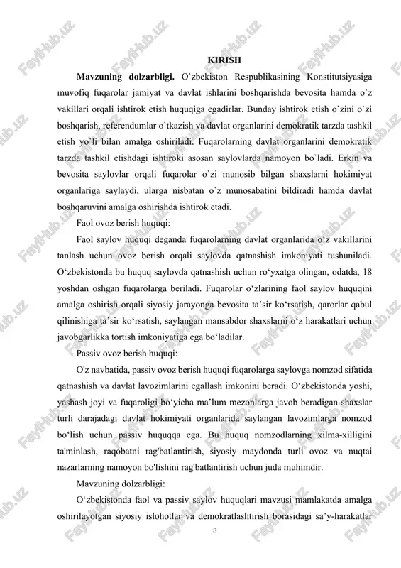 ini kuchaytirish. bu huquqlar mamlakatning demokratik rivojlanishi va siyosiy taraqqiyoti uchun zarurdir. kurs ishining predmeti va obyekti. o‘zbekistonda faol saylov huquqi sub’ekti deganda o‘zlariga ma’qul nomzodlarni tanlash yoki turli masalalar yuzasidan o‘z fikrlarini bildirish uchun ovoz berish yo‘li bilan saylovda qatnashish huquqiga ega bo‘lgan fuqarolar tushuniladi. referendumlar yoki boshqa saylov jarayonlari. qonuniy saylov yoshiga etgan va saylov to‘g‘risidagi qonun hujjatlarida belgilangan boshqa talablarga javob beradigan fuqarolar faol saylov huquqi subyektlari hisoblanadi. i bob. oʻzbekiston respublikasida aktiv va passiv saylov huquqi. 1.1 saylov tizimi va saylov huquqi. o’zbekiston respublikasining konstitutsiyasi davlat hokimiyatining tashkil etilishi bo’limida avval qonunchilik hokimiyati, prezident, hukumat faoliyati berilib, saylov tizimi keyingi boblarda berilsa-da, aksariyat davlat organlari saylov orqali tashkil qilinishi sababli darslikda saylov tizimini dastlab ochib berish maqsadga muvofiq bo’ladi, degan xulosaga keldik. saylovlar demokratik davlatlar taraqqiyotida va fuqarolarning siyosiy huquqlari tizimida muhim konstitutsiyaviy-huquqiy institut sifatida markaziy o’rin egallab kelgan. aynan mazkur institut orqali fuqarolar bevosita yoki …