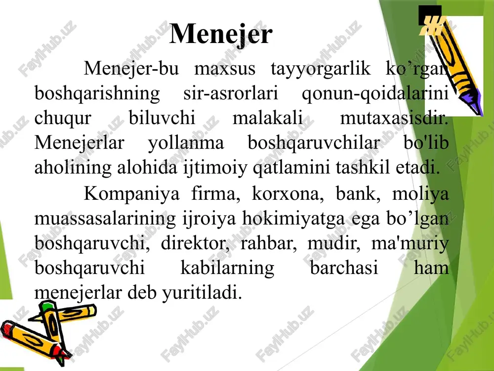 mutloq ta'riflari haqidagi mustahkam tasavvurdir. imidjning asosini ishning maqsadga qaratilgan holda tashkil qilinayotgan va qo'llab quvvatlanayotgan uslubi va menejerning shaxslararo munosabatlari va rasmiy atributlari (belgilari) tashkil qiladi. "imidj" inglizcha so'z bo'lib, "obraz", "shuhrat"ni bildiradi. flegmatiklar flegmatik (yunoncha: phlegma — shilliq) — mizoj turlaridan biri. flegmatik temperamentli odamni sekin, xotirjam, barqaror intilishlari bilan yoki ozmi-koʻpmi doimiy kayfiyat bilan, ruhiy holatning zaif tashqi ifodasi bilan tavsiflash mumkin vaqtni boshqarish nima uchun muhim? 1. chunki vaqtimiz cheklangan - yuqorida aytib o'tganimizdek, bugungi kunlarimiz qisqarganga o'xshaydi. kuniga 24 soat tez o'tadi va qo'shimcha vaqt olish uchun hech birimiz buni nazorat qila olmaymiz. shu sababli, vaqtni boshqarish sizni maqsad va maqsadlaringizga samarali erishishga olib keladi. 2. qaror qabul qilishda ko'proq malakaga ega bo'lish - vaqtini to'g'ri boshqaradigan odamlar doimo aqlliroq qarorlar qabul qilishga olib keladi. bu, shuningdek, vaqtni boshqarish ong xaritasida bo'lgan talaba uchun ham amal qiladi, chunki u o'z rejasining rasmiga qarab, o'zining oldingi …
