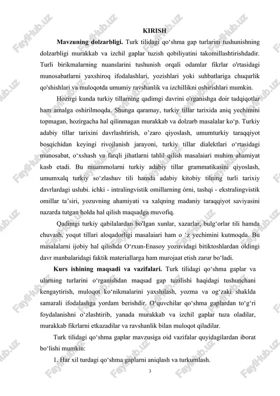 ar xil bo`ladi, iste`dodsizlar esa hamma joyda bir xildir (e. vohidov) shuni aytmoqchimizki, odam hamma vaqt bilimga tashna bo`lishi shart. fan xalqqa suv- havodek zarur, uni taraqqiy ettirmagan mamlakat, shubhasiz, mustamlakaga aylanadi. keltirilgan misollarning birinchisi bog`langan qo`shma gap bo`lib, uning qismlari esa yordamchisi vositasida o`zaro teng bog`langan; ikkinchisi ergashgan qo`shma gap bo`lib, uning qismlari –ki aniqlov bog`lovchisi orqali ikkinchi qismni birinchi qismga tobelik yo`li bilan bog`langan; uchinchi gap bog`lovchisiz qo`shma gap bo`lib,uning qismlari o`zaro hech qanday bog`lovchi vositalarisiz- faqat intonatsiya (ohang) orqali birikkan. qo'shma gap qismlari o'zaro yordamchi so'zlar (bog'lovchilar, ko'makchilar, yuklamalar) bog'lovchi vazifasidagi so'zlar, turli qo'shimchalar, ohang orqali bog'lanadi. misollarni qiyoslaylik: 1. bahor keldi, gullar ochildi. 2. bahor keldi va gullar ochildi. 3. bahor kelishi bilan gullar ochildi. 4. bahor kelgach, gullar ochildi. 5. bahor keldi-yu, gullar ochildi. bu gaplarning birinchisi ohang orqali, ikkinchisi bog'lovchi, uchinchisi ko'makchi, to'rtinchisi gach qo'shimchasi, beshinchisi yuklama orqali bog'langan. shu xususiyatlariga ko'ra qo'shma gaplar …