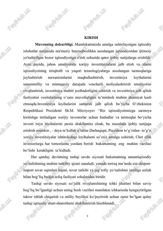 rovonligida muhim rol o’ynashi bilan ta’kidlanadi. korxonalar o’z faoliyatini ichki chegaralardan tashqarida kengaytirishga intilayotganda, bojxona imtiyozlarining savdo intensivligiga ta’sirini tushunish siyosatchilar, biznes va akademiklar uchun juda muhim bo’lib qoladi. bundan tashqari, rivojlanayotgan savdo dinamikasi va geosiyosiy siljishlar sharoitida savdo shakllarini shakllantirish va iqtisodiy hamkorlikni rivojlantirishda bojxona imtiyozlarining ahamiyatini e’tiborsiz qoldirib bo’lmaydi. agar sizga ushbu sohalarning har biri haqida qo’shimcha ma’lumot kerak bo’lsa yoki qo’shimcha tadqiqotlar uchun aniq jihatlarni yodda tutsangiz, menga xabar bering. kurs ishining maqsadi va vazifalari. tashqi savdo intensivligini oshirishda bojxona imtiyozlarini o’rganishdan maqsad bojxona va tariflar bilan bog’liq siyosatning xalqaro savdo hajmi va dinamikasiga qanday ta’sir qilishi mumkinligini tushunishdir. bojxona imtiyozlarini taklif qilish orqali, masalan, pasaytirilgan tariflar, soddalashtirilgan tartiblar yoki ayrim tovarlar uchun imtiyozlar, hukumatlar transchegaraviy savdo faoliyatini rag’batlantirish va osonlashtirishga qaratilgan. kurs ishining predmeti va obyekti. o’zbekiston iqsodiyotini rivojlantirish daromad yoki ijtimoiy samara keltiradiganva tadbirkorlikdavlat tamonidan ta’qiqlanmagan faoliyatlargajalb qilinadigan barcha turdagi mulkiy va intelllektual boyliklar kurs …