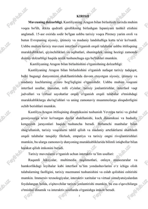 an diplomatik muzokaralar, strategik ittifoqlar va qaror qabul qilishda qatnashadilar. - yaratish jarayonlari. rol o'ynash simulyatsiyasi orqali talabalar siyosiy kuch dinamikasining murakkabliklari va birlashgan qirollikni shakllantirish muammolari haqida tushunchaga ega bo'ladilar. kurs ishining predmeti va obyekti. asosiy e'tibor o'ziga xos tarix, madaniyat va an'analarga ega bo'lgan ikki alohida qirollik kastiliya va aragonning kastiliya izabella i qo'shma boshqaruvi ostida qanday qilib birlashgani tarixiy jarayonga qaratilgan. va aragonlik ferdinand ii. talabalar ushbu ittifoqqa olib kelgan siyosiy ittifoqlar, nikoh ittifoqlari, harbiy kampaniyalar va diplomatik muzokaralarni o'rganib, ispaniya tarixidagi ushbu o'zgaruvchan davrni shakllantirgan asosiy voqealar, raqamlar va qarorlarni o'rganadilar. i bob. ispaniya tarixi: kastiliyaning aragon bilan birlashuvi. 1.1 ispaniya xvi asr – xvii asrning birinchi yarmida. rekonkista tugatilgandan keyin portugaliyadan tashqari butun pireney yarim oroli ispan qirollari qo`l ostida birlashtiriladi. sardiniya, sitsiliya, balear orollari, neapolitan qirolligi, navarra ham ispaniyaga qaragan. xiv asrning i yarmida ispaniyaga geografik kashfiyotlarda, mustamlakalar bosib olishda, amerika bilan savdoda va …