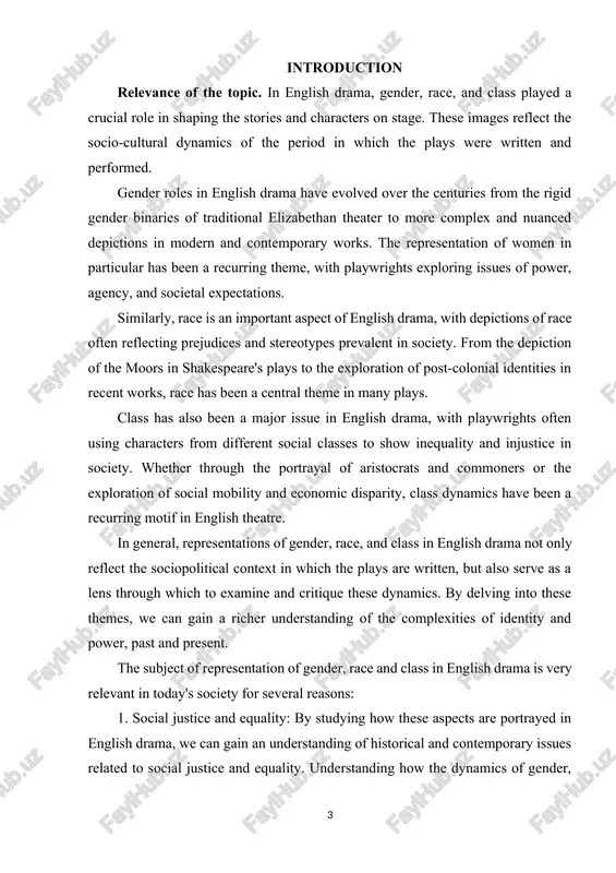 es conveyed through these images. subject and object of the course work. the topic of representations of gender, race and class in english drama focuses on the analysis and interpretation of how these social structures are depicted in theatrical productions. this includes exploring the ways in which playwrights address and portray issues of gender, race, and social class in their works. students taking this subject explore the complexities of identity, power dynamics and social hierarchy as reflected in english dramatic literature. the object of research in this context is the representation of gender roles, stereotypes and dynamics in english drama. this includes examining how male and female characters are portrayed, the challenges they face, and the social expectations placed on them based on their gender. chapter i. general concepts of english drama. 1.1 concept of drama and its types. to make their plays dramatic, playwrights strive to progressively build the …