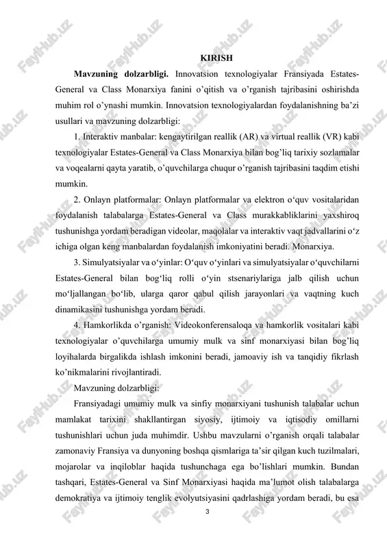 rxiya tizimining ierarxiyasi va kuch dinamikasini, jumladan, turli ijtimoiy tabaqalarning imtiyozlari va majburiyatlarini tahlil qilish. 3. umumiy mulk va sinfiy monarxiya davrida yuz bergan nizolar va inqiloblarning sabablari va oqibatlarini o’rganish. 4. zamonaviy fransiya hukumat tuzilmalari va jamiyat normalarini shakllantirishda estates-general va class monarxiya merosini baholash. ushbu fanni o’qitishda innovatsion texnologiyalarni qo’llash orqali o’qituvchilar o’quvchilarning o’rganish tajribasini oshirishlari va fransiyadagi estates-general va sinf monarxiyasining boy tarixiy mazmuni bilan aloqalarini chuqurlashtirishlari mumkin. kurs ishining predmeti va obyekti. fransiyadagi umumiy mulk va sinfiy monarxiya mavzusi odatda evropa tarixini kengroq o’rganishga to’g’ri keladi, xususan, fransiyadagi qadimgi rejimning siyosiy tuzilmalariga e’tibor qaratiladi. estates-general fransiyadagi uchta mulkning (ruhoniylar, zodagonlar va oddiy odamlar) vakillik yig’ilishi bo’lgan, sinf monarxiyasi esa bu davrdagi frantsuz jamiyatidagi ijtimoiy ierarxiya va sinfiy bo’linishlarni anglatadi. i bob. fransiyada general shtatlar va toifaviy monarxiya mavzusini o’rganish va tahlil qilish. 1.1 fransiyadagi umumiy shtatlar mavzusini o’rganishda yangicha tizim. fransiyadagi umumiy davlatlar (fr. etats generaux) …