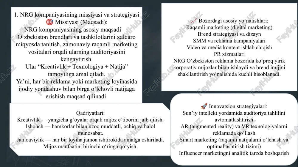 arga crm va erp tizimlarini joriy etish brending va marketing dizayni xizmatlari it-konsalting va texnik qo‘llab-quvvatlash innovatsion strategiyalari: sun’iy intellekt asosida ishlovchi mobil ilovalar ishlab chiqish. mahalliy bizneslar uchun “raqamli transformatsiya” dasturlarini taklif etish. bulut texnologiyalarini o‘zbekiston sharoitiga mos joriy etish. yosh startaplar bilan hamkorlikda yangi texnologik mahsulotlar yaratish. nrg kompaniyasining moliyaviy holati va bozor ulushi yillik daromad va foyda: nrg kompaniyasi o‘zbekiston reklama va marketing bozorida so‘nggi yillarda sezilarli o‘sishga erishgan. 2024-yil yakunlariga ko‘ra, kompaniyaning yillik aylanmasi taxminan 10–12 milliard so‘m atrofida bo‘lib, bu sohadagi o‘rtacha o‘sish sur’ati 15–20% ni tashkil etadi. kompaniya foydasi asosan brend kampaniyalar, ijtimoiy media boshqaruvi va vizual marketing xizmatlaridan keladi. bozor ulushi: nrg kompaniyasi o‘zbekistondagi reklama agentliklari orasida top-10 kompaniya qatorida sanaladi. uning bozor ulushi taxminan 8–10% ni tashkil etadi. asosiy mijozlari — mahalliy brendlar, davlat tashkilotlari va xalqaro kompaniyalar. raqobatchilar orasidagi mavqei: nrg o‘zining kreativ yondashuvi va marketing strategiyasi bilan it park media, …