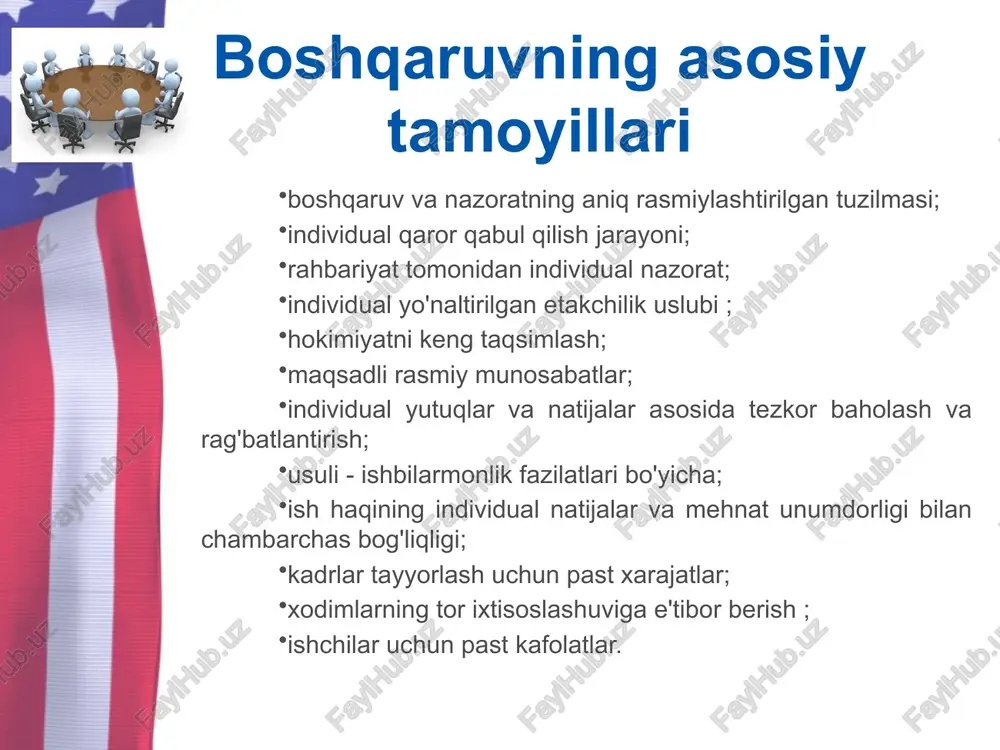 tli ijara ; moddiy boylikka qarab ishning tez-tez o'zgarishi; ishga o'tish tez. tez qabul qilingan, sekin amalga oshirilgan. asosiy motiv - iqtisodiy omillar (pul). xulosa: jonli amaliyotning barcha xilma-xil nazariyalari va hodisalarida amerika menejmenti eng kuchli "boshqaruv tsivilizatsiyasi" bo'lgan va shunday bo'lib qoladi. uning bugungi kunda dunyoda etakchi ahamiyati shubhasizdir va uning nazariya, amaliyot va undan ham ko'proq boshqaruv kadrlarining rivojlanishiga ta'siri eng katta. amerikalik nazariyotchilarning xulosalari va ularning amaliyotchilarining tavsiyalariga ko'r-ko'rona amal qilishning hojati yo'q, lekin ularning g'oyalarini bilish, albatta, kerak. image2.jpeg image3.jpeg image4.jpeg image5.jpeg image6.jpeg image7.jpeg image8.jpeg image9.jpeg image10.jpeg image11.jpeg image12.jpeg image13.jpeg image14.jpeg image15.jpeg image16.jpeg image1.jpeg /docprops/thumbnail.jpeg