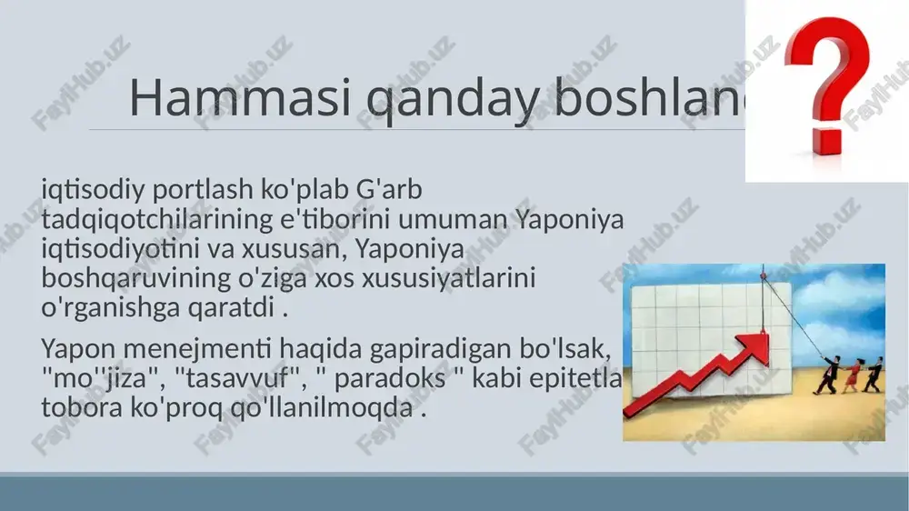 ida ishonchni o'rnatishga yordam beradi, bu holda korxonaning yuqori samaradorlik ko'rsatkichlariga erishishni kutish qiyin. tozalik va tartibni saqlash yapon tovarlarining yuqori sifati uchun muhim omillardan biri. yaponiya biznes rahbarlari mahsulot sifati kafolati bo'lib xizmat qiladigan va tozalik va tartib orqali hosildorlikni oshirishi mumkin bo'lgan tartibni o'rnatishga harakat qilmoqda. image1.png image2.png image3.png image4.png image5.png image6.png image7.png image8.png image9.png image10.png image11.png image12.png image13.png image14.png image15.png image16.png image17.png image18.png image19.png image20.png image21.png /docprops/thumbnail.jpeg menejmentning yapon modeli