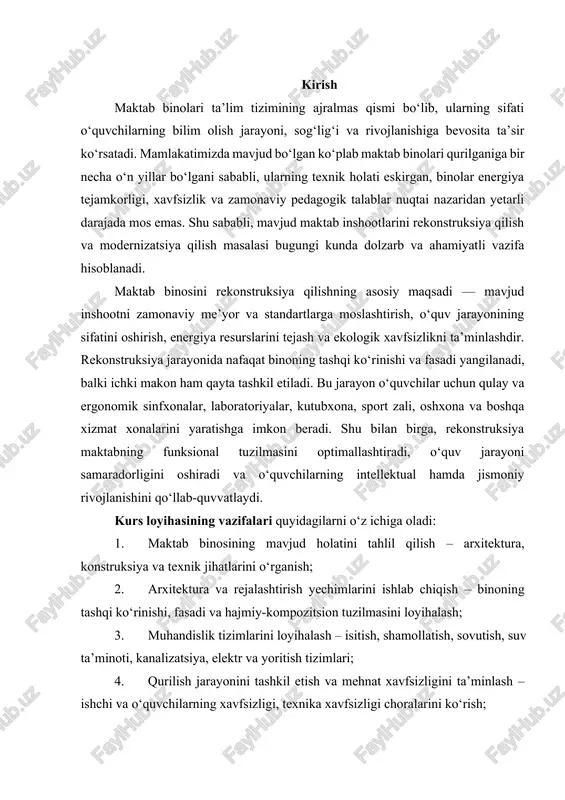 iya tejamkorligi va ekologik xavfsizlikni ta’minlash. kirish qismida shuningdek, kurs loyihasi mavzusining dolzarbligi, maqsadi va vazifalari hamda ishlash metodologiyasi yoritiladi. ushbu loyiha maktab binosini rekonstruksiya qilishning amaliy jihatlarini ko‘rsatadi va arxitektura, qurilish, me’moriy hamda muhandislik yechimlarini integratsiyalash orqali yakuniy samarador natija olishga qaratilgan. loyihaning asosiy ilmiy yondashuvi — mavjud binoning texnik va funksional holatini chuqur tahlil qilish, zamonaviy standartlar va energiya samaradorligini hisobga olgan holda, optimal rekonstruksiya yechimlarini ishlab chiqishdan iborat. shu yo‘nalishda amalga oshirilgan ishlar nafaqat binoning xizmat muddatini uzaytiradi, balki o‘quvchilarning ta’lim olish sifatini oshirishga, xavfsizlik va qulaylikni ta’minlashga xizmat qiladi. 1-bob. muhandislik va qurilish iqlimiy sharoitlar 1.1. qurilish iqlim sharoitlarini hisobga olgan muhandislik yechimlari muhandislik yechimlari sp 131.13330.2012 “qurilish iqlimshunosligi” me’yoriy hujjati talablariga muvofiq ishlab chiqilgan. qurilish maydoni joylashgan hududning iqlimiy ko‘rsatkichlari quyidagicha: 1. hududning iqlimiy rayoni – i tipdagi iqlim mintaqasi; 2. qurilish uchun tavsiya etiladigan iqlim zonasi – mo‘tadil sovuq mintaqa; 3. hududning seysmik faollik …