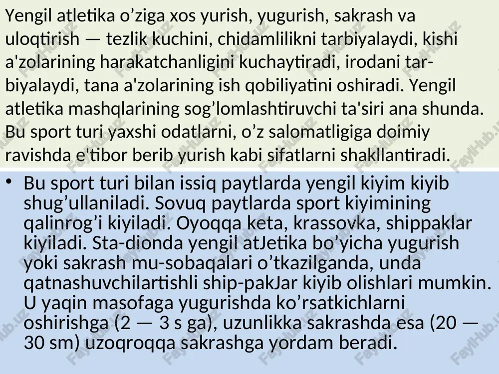 idayoq ilgarilab ketishga erishiladi. qisqa masofalarga (sprinterlik) yugurish yugurishning bu turi bo’yicha respublikamizda o’g’il bolalar va qizlar uchun eng yuqori natijalar toshkent shahrida qayd etilgan. o’g’il bolalarda 100 m. ga yugurish bo’yicha rekord natija anvar kuchmuradovga (10,50 sek. elektron hisoblagich); qizlar o’rtasida ludmila lapshina (11,85 sek.) ga tegishli. bu masofaga yugurish bo’yicha jahon rekordi erkaklar orasida 6,39 s ga teng (elektron sekundomer bo’yicha). bunga amerikalik moris grin erishgan. ayollar orasida — 6,92 s bo’lib (elektron sekundomer bo’yicha), bunga rossiyalik irina privalova erishgan. jismoniy tarbiya darslarida 2 x 30, 2 x 20, 60 m yoki 100 m masofalarga ( 1, 2, 3 o’quvchi) oddiy sekundomer o’lchovi asosida yuguriladi. bir necha darsdan keyin dastlab 30 m ga, 2 — 3 darsdan keyin 60 — 100 m ga yugurish me'yorlari topshiriladi. pastki start—xcz yugurib ketish uchun qulay boigan dastlabki holat. pastki startdan yugurish uchun tayanch, chuqurcha yoki start g’o’lachalari (kolodka)dan foydalaniladi. ,$tart" kbmandasi …