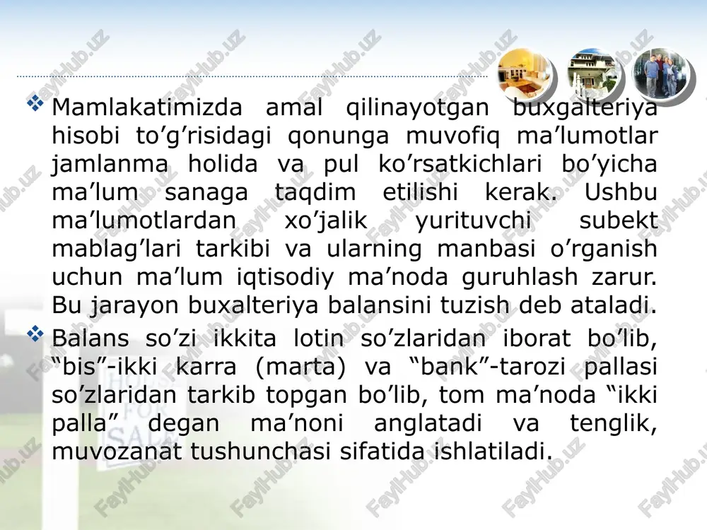 moddalari summalarining yil oxiriga namunaviy ko’rinishi)[1] [1 balans ma’lumotlarida ishlab chiqarishni uzluksiz olib borish uchun zarur bo’lgan va hisobot tuzish davriga qiymat shaklidagi mol-mulki hamda uni qoplashga jalb qilingan manbalari o’z aksini topadi. bu ko’rsatkichlar mol-mulk hajmi, tarkibi va qiymatini qay darajadaligini ifodalaydi. o’zbekiston respublikasi “auditorlik faoliyati to’g’risida”gi qonunining 35-moddasida ko’rsatilgan yuridik shaxslar soliq organlariga auditorlik tekshiruvi o’tkazilganidan keyin 15 kun davomida, lekin hisobot yilidan keyingi yilning 15 iyunidan kechiktirmay, moliyaviy hisobotning to’g’riligi to’g’risida auditorlik xulosasi nusxasini taqdim etadilar. moliyaviy hisobot shakllarida barcha rekvizitlar xo’jalik yurituvchi sub’ek ro’yxatdan o’tkazilgan vaqtda berilgan guvohnoma va nazarda tutilgan ko’rsatkichlar asosida xatolarsiz to’ldirilishi lozim. korxonada tegishli aktivlar, passivlar, operatsiyalar mavjud emasligi sababli biror-bir modda (satrlar, ustunlar) to’ldirilmagan taqdirda, ushbu modda (satr, ustun) ustiga chizib qo’yiladi. auditor buxgalteriya balansining manzil qismi quyidagi tartibda to’ldirilishiga e’tibor berishi kerak: a) “korxona, tashkilot” rekviziti – korxonaning to’liq nomi (belgilangan tartibda ro’yxatdan o’tkazilgan ta’sis hujjatlariga muvofiq) va ktut ga …