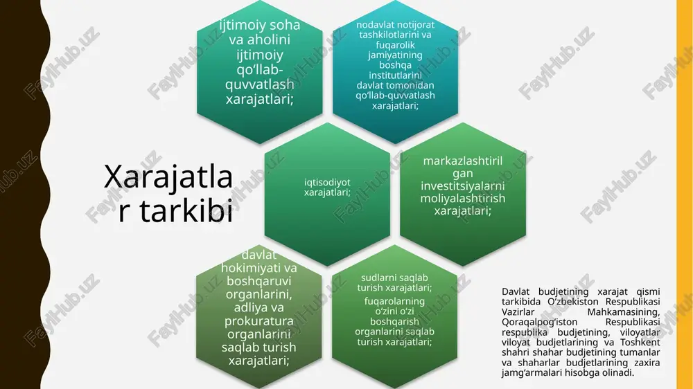 o‘zbekiston respublikasi vazirlar mahkamasi huzuridagi sug‘oriladigan yerlarning meliorativ holatini yaxshilash jamg‘armasining har yili tasdiqlanadigan asosiy parametrlari doirasida budjetdan ajratiladigan maqsadli mablag‘lar; qonunchilikda o‘zbekiston respublikasining respublika budjetidan moliyalashtirilishi nazarda tutilgan standartlashtirish va sertifikatlashtirish, topografiya-geodeziya, kartografiya va kadastr, shuningdek geologiya qidiruv ishlari, davlat shaharsozlik kadastrini yuritish xarajatlari, chegaradosh davlatlarga haq evaziga yerdan foydalanish to‘lovi, gidrometeorologiya xizmati muassasalarini saqlab turish xarajatlari; “suv ta’minoti va kanalizatsiya tizimlarini rivojlantirish” jamg‘armasi orqali ichimlik suvi bilan ta’minlash tizimini rivojlantirish bilan bog‘liq xarajatlar. atrof muhit va landshaftning muhofaza qilinishini, biologik xilma-xillikning himoya qilinishini ta’minlash bilan bog‘liq xarajatlar; o‘zbekiston respublikasi vazirlar mahkamasining zaxira jamg‘armasini shakllantirish xarajatlari va boshqa xarajatlar davlat hokimiyati va boshqaruvi organlarini, adliya va prokuratura organlarini saqlab turish xarajatlari, shu jumladan: respublika vazirliklari, davlat qo‘mitalari va idoralari buyurtmachi bo‘lgan markazlashtirilgan investitsiyalarni moliyalashtirish xarajatlari; moliya vazirligi 2023-yilgi davlat budjetini taqdim etdi. hujjat jamoatchilik muhokamasiga qo‘yilmadi. unda yaim 5,3%ga o‘sishi, inflyatsiya darajasi esa 9,5% atrofida bo‘lishi rejalashtirilmoqda. davlat budjeti …