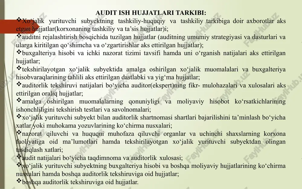 ularning moliyaviy hisobot ko‘rsatkichlariga ta’siri ko‘rsatiladi, bunday alomatlar aniqlanmagan taqdirda bu ham ma’lumotnomada ko‘rsatilishi shart); - aniqlangan kamchiliklarni bartaraf etish yoki kelgusida takrorlanmasligi yuzasidan berilgan takliflar(har bir aniqlangan kamchilik yuzasidan takliflar alohida bayon etilishi lozim); - auditorlik ma’lumotnomasini tayyorlagan va tekshiruv natijalarini tasdiqlovchi auditorlik guruhi a’zolarining tasdiqlovchi belgilari yoki imzolari; - ma’lumotnoma mazmuni bilan tanishgan va uning nusxasini olgan yoki tekshiruv natijasidan norozi bo‘lgan mas’ul shaxslar to‘g‘risida ma’lumotlar. auditorlik tekshiruvining yakuniy bosqichi jarayonlari: 1.auditorlik tekshiruvi natijalarini umumlashtirish va baholash; 2.audit natijalari bo‘yicha taqdimnomani tuzish va tasdiqlash; 3.auditorlik xulosasini shakllantirish va rasmiylashtirish; 4.audit natijalari bo‘yicha taqdimnoma va xulosani mijoz rahbariyatiga taqdim etish. №\ umumiy vazifalar bajariladigan auditorlik amallari 1 auditorlik dalillarining yetarliligi, ulardagi axborotlar mazmunining to‘liq ochib berilganligi va ularning ishonchliligini baholash auditorlik umumiy strategiyasi va dasturida belgilangan har bir vazifa bo‘yicha to‘plangan dalillarning yetarliligini tahlil qilish; to‘plangan dalillarni o‘rnatilgan tartibga muvofiq shakl va mazmundagi hujjatlar asosida tasdiqlanganligini o‘rganish; aniqlangan kamchiliklar …