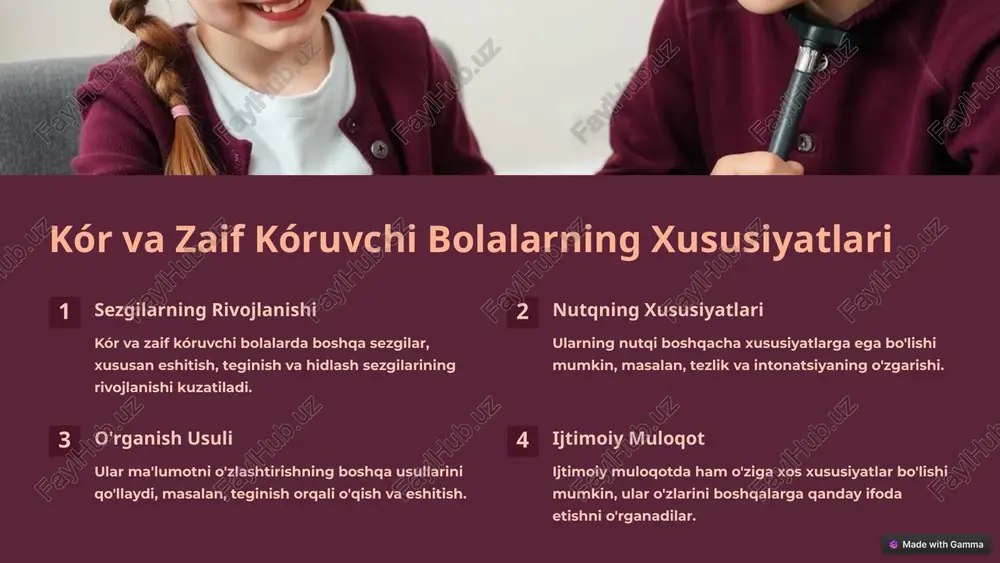 lashishga yordam beradi. 10 xulosalar va tavsiyalar kór va zaif kóruvchi bolalarni o'rganishda ularning o'ziga xos ehtiyojlarini inobatga olish muhimdir. ularga maxsus dasturlar, mo''tadil o'quv materiallari va mutaxassislar yordami kerak bo'ladi. 11 image-1002-1.png image-1-1.png image-1003-1.png image-1004-1.png image-3-1.png image-1005-1.png image-1006-1.png image-5-1.png image-1007-1.png image-6-1.png image-6-2.png image-6-3.png image-6-4.png image-1008-1.png image-7-1.png image-1009-1.png image-8-1.png image-8-2.png image-8-3.png image-8-4.png image-1010-1.png image-9-1.png image-1011-1.png image-10-1.png image-1012-1.png image-11-1.png © made with gamma © made with gamma © made with gamma © made with gamma © made with gamma cs © made with gamma cs © made with gamma cs © made with gamma cs rrre © made with gamma © made with gamma © made with gamma