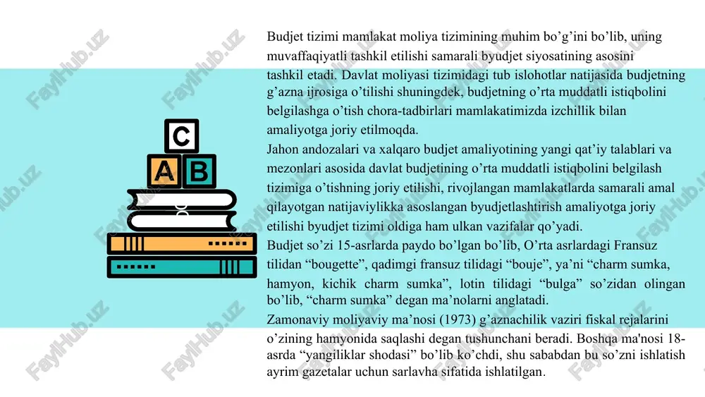 joriy qilishdan iborat. g’aznachilikni joriy etish byudjetning daromadlar qismida tushumlarning to’liq va o’z vaqtida tushishini va xarajatlar qismida byudjet mablag’larining maqsadli sarflanishining nazoratini kuchaytirish va pul oqimlarini samarali boshqarish imkonini beradi. davlat byudjetining kassaviy ijrosi sharoitida markaziy bank va uning topshirig’iga muvofiq tijorat banklari davlat byudjetining kassa ijrosini amalga oshiradilar. “davlat byudjetining kassa ijrosini tashkil etish, shuningdek uning davlat daromadlari va xarajatlarini hisobga olish o’zbekiston respublikasi markaziy banki tomonidan o’zbekiston respublikasi moliya vazirligi bilan birgalikda amalga oshiriladi. davlat byudjetining kassa ijrosi operatsiyalarini banklar markaziy bankning topshirig’iga binoan bajaradi. byudjet mablag'larining g'aznachilik orqali harakatlanishi 1 byudjet mablag'lari byudjet tizimiga soliqlar va boshqa daromadlar shaklida kiradi. 2 g'aznachilik organlari byudjet mablag'larini hisobga oladi, saqlaydi va taqsimlaydi. 3 byudjet mablag'lari byudjet tizimi sub'ektlariga (davlat organlari, tashkilotlar, shaxslarga) yo'naltiriladi. davlat moliyasini boshqarishdagi islohotlar sharoitida umumdavlat moliya tizimining bosh bo’g’ini - davlat byudjetini boshqarish, byudjet jarayonini tashkil etish tizimidagi islohotlar, xususan byudjet ijrosida kassali tizimdan …