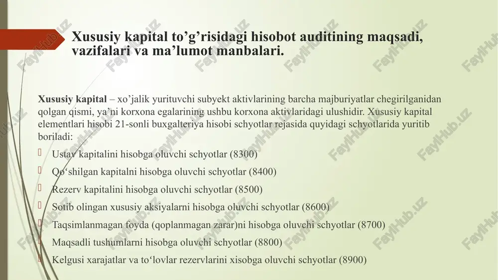 idagi hisobotning rezerv kapitali va taqsimlanmagan foyda (qoplanmagan zarar) bo’yicha ko’rsatkichlari auditi. korxona ta’sis hujjatlariga asosan foyda hisobidan shakllantiriladigan rezerv kapitali, mulkni qayta baholashdan yuzaga keladigan inflyasiya rezervlari, pul mablag’laridan tashqari tekinga olingan mulklar, shuningdek maqsadli foydalanish sharti bilan taqdim etilanadigan soliq imtiyozlari summasi ko’rsatiladi. rezerv kapitali hisobini olib borish uchun quyidagi schyotlar tayinlangan: 8510 “mulkni qayta baholash bo’yicha tuzatishlar”; 8520 “rezerv kapitali”; 8530 “tekinga olingan mulk”. auditorlik tekshiruvi jarayonida ushbu schetlarni sinchkovlik bilan tekshirishi lozim. xo’jalik yurituvchi sub’ektning mulk solig’ini hisoblash bazasiga o’z ta’siri o’tkazadi. 8510 “mulkni qayta baholash bo’yicha tuzatishlar” schyotida mulklarni qayta baholash natijasida vujudga kelgan o’zgarishlar hisobga olinadi. mulklarni qayta baholash natijasida rezerv kapitalining shakllanishi va to’ldirilishi 8510 “mulkni qayta baholash bo’yicha tuzatishlar” schyotining kreditida qayta baholash natijasida qiymati oshgan mulklarni hisobga oluvchi schyotlar bilan bog’langan holda aks ettiriladi. auditor qayta baholash maqsadida tashkilotlarning asosiy fondlari deganda quyidagilar tushunishi lozim: a) o’zining asosiy vositalari; b) o’rnatish …