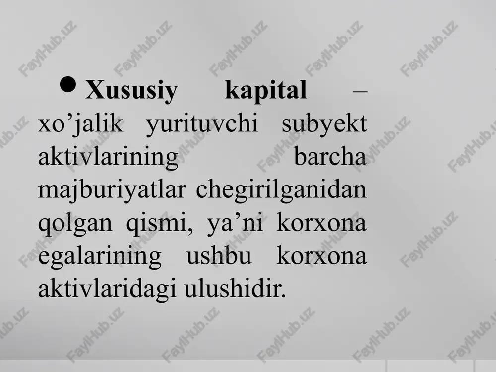 maslik 7 aktsiyadorlik jamiyatlari uchun katta kelishuvlarni noto’g’ri rasmiylashtirishlik 8 9 ustav kapitaliga ta’sischilar tomonidan kiritilgan ulushlarini noto’g’ri rasmiylashtirishlik ta’sischilarga ustav kapitalidan o’z ulushlarini qaytarilishini noto’g’ri rasmiylashtirishlik xususiy kapital hisobini yuritishda yuzaga keladigan xatoliklar 10 amalga oshirilgan moliya-xo’jalik operatsiyalar bo’yicha tasdiqlovchi hujjatlarning yo’qligi 11 to’liq rasmiylashtirilmagan va muddati o’tgan hujjatlar mavjudligi 12 hujjatlardagi yozuvlarni tegishli asoslarsiz to’g’rilash 13 hujjatlarning asl nusxalar yoki amaldagi qonunchilikka asosida tasdiqlangan nusxalarning yo’qligi auditorlik tekshiruv jarayonida aksionerlik jamiyat tomonidan keyinchalik qayta sotish yoki bekor qilish maqsadida sotib olingan xususiy aksiyalarning qiymati ko’rsatiladi. sotib olingan xususiy aksiyalar quyidagi schetlarda hisobga olinadi: 8610 “sotib olingan xususiy aksiyalar - oddiy”; 8620 “sotib olingan xususiy aksiyalar - imtiyozli” sotib olingan xususiy aksiyalarni hisobga oluvchi schyotlar 8300 “ustav kapitalini hisobga oluvchi schyotlar”ga nisbatan kontr-passiv schyot hisoblanib, aksiyadorlik jamiyatlarining ustav kapitali miqdorini kamaytiradi va balansda ustav kapitali summasidan chegiriladigan summa sifatida ko’rsatiladi. aksiyadorlik jamiyati keyinchalik qayta sotish, yoki bekor qilish maqsadida …