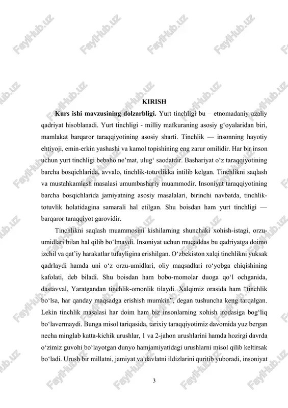 t., ernazarov sh., mavrulov a. ishtirokchiligida yozilgan "madaniyatshunoslik", yerkayev a. ning "ma’naviyatshunoslik", jabborov i. "o‘zbek xalqi etnografiyasi", karomatov h. "o‘zbekistonda moziy e’tiqodlar tarixi", "qadimiy hikmatlar", qoraboyev u. "milliy madaniyat masalalari", qoraboyev u. "etnokultura", qoraboyev u, soatov g‘. "o‘zbekiston madaniyati", quronov m. 'milliy tarbiya", "madaniyatshunoslik asoslari" o‘quv qo‘llanmasi, mamanazarov n. "mustaqillik va milliy etnik jarayonlar", to‘rayev sh. "milliy g‘oya tarixi va nazariyasi", o. muhammadiyeva, murodov. m, qorabayev u., rustamova r. "etnomadaniyat", nishonava o. "o‘zbek etnomadaniyatining estetik mohiyaati", raxmonov b.m., ernazarov sh.e. "yoshlarni milliy g‘oya ruhida tarbiyalashda etnik qadriyatlarning o‘rni" kabi asarlarda yurt tinchligi tushunchasining etnomadaniy ildizlariga murojaat qilganlar. ular yurt osoyishtaligining xalq ijodi, marosimlar, qadimiy udumlar va diniy qarashlar bilan chambarchas bog‘liq ekanini ta’kidlaydilar. ayniqsa, o‘zbek xalqining “yaxshi niyat – yarim davlat”, “qo‘shnilar tinch – sen tinch” kabi hikmatli iboralari tinchlik tushunchasining xalq ongi va qadriyatlarida qanchalik chuqur ildiz otganini ko‘rsatadi. shuningdek, mustaqillik yillarida tinchlik va barqarorlik masalasi davlat siyosatining ustuvor …