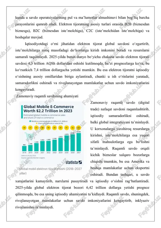 gan mamlakatlar uchun savdo imkoniyatlarini kengaytirib, inklyuziv rivojlanishni ta’minlaydi. elektron tijoratning jadal o‘sishi bilan birga, uning muammolari va tahdidlari ham kuchaymoqda, bu esa mavzuning dolzarbligini oshiradi. asosiy muammolar orasida kiberxavfsizlik tahdidlari (masalan, ijtimoiy muhandislik va ddos hujumlari), soxta saytlar, mijozlar ishonchining pastligi, raqobatning kuchayishi va logistika muammolari mavjud. ushbu tahdidlar elektron tijoratni rivojlantirishga to‘sqinlik qiladi va ularni o‘rganish iqtisodiy barqarorlik uchun zarur. elektron tijorat muammolari va unga bo‘lgan tahdidlar elektron tijoratning mohiyati va turlari elektron tijoratning iqtisodiy mazmuni internet va raqamli texnologiyalar orqali tovarlar, xizmatlar va ma’lumotlar almashinuvini tashkil etishda namoyon bo‘ladi. bu jarayon an’anaviy tijoratdan farqli o‘laroq, fizik joylashuvga bog‘liq emas va global miqyosda amalga oshirilishi mumkin. iqtisodiy jihatdan e-tijorat iqtisodiy samaradorlikni oshiradi, chunki u xarajatlarning pasayishi, bozorlarning kengayishi va yangi biznes modellarining paydo bo‘lishiga olib keladi. e-tijoratning iqtisodiy mazmunini chuqurroq tahlil qilsak, u qiymat zanjirining raqamli transformatsiyasini ta’minlaydi. masalan, ishlab chiqaruvchilar to‘g‘ridan-to‘g‘ri iste’molchilarga yetkazib berish orqali oraliq vositachilarni …