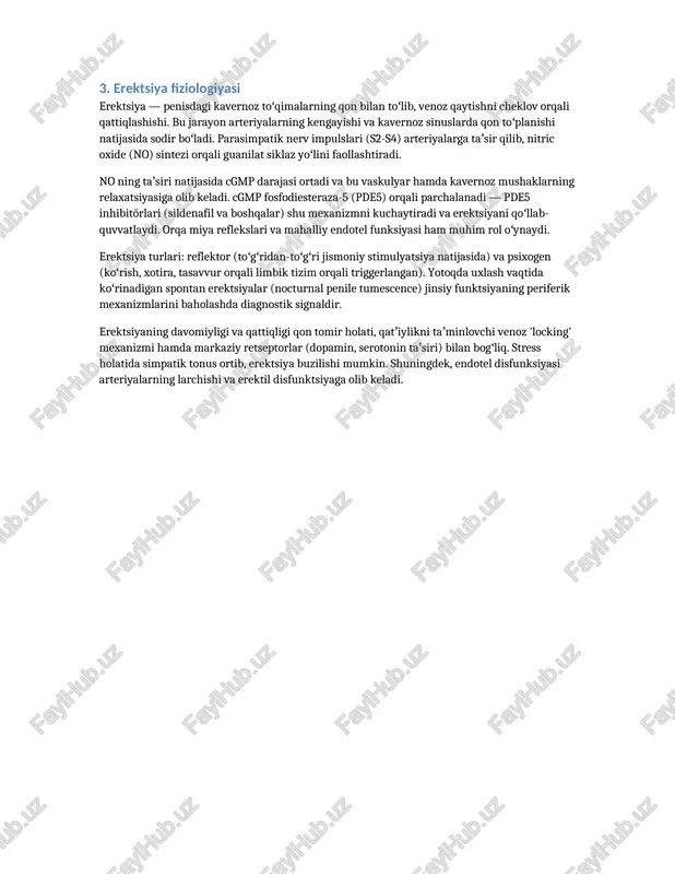 zilishi mumkin. shuningdek, endotel disfunksiyasi arteriyalarning larchishi va erektil disfunktsiyaga olib keladi. 4. gormonlar va asab tizimi roli testosteron jinsiy istak (libido), spermatogenez va erektsiya mexanizmlarini qoʻllab-quvvatlaydi. uning yetishmovchiligi libido pasayishi, erektil qobiliyatning susayishi va umuman jinsiy faollikda kamayishiga olib keladi. klinikada testosteron darajasini baholash uchun total va erkin testosteron, shuningdek shbg oʻlchanadi. gipotalamus-gipofiz o'qi (gnrh → lh/fsh) tuxumdon (moyak) faoliyatini boshqaradi. gipofiz disfunktsiyasi yoki hipotalamik kasalliklar gormonal nomutanosibliklar yaratishi mumkin. bundan tashqari, tiroid, glukokortikoidlar va prolaktin sathlari ham erektil funksiyaga taʼsir qilishini koʻrsatadi — masalan, hiperprolaktinemiya libido va erektsiyani pasaytiradi. asab tizimi komponentlari — markaziy (miyakenglik, gipotalamus, limbik tizim) va periferik (somatik va vegetativ) — erektsiya va ejakulyatsiyani nazorat qiladi. orqa miyaning s2-s4 segmentlari reflektor erektsiyalar uchun zarur; orqa miya shikastlanishlari darajasiga qarab erektil funksiyalar saqlanishi yoki yoʻqolishi mumkin. nevrotransmitterlar: dopamin erektsiya va libido uchun ragʻbatlantiruvchi; serotonin baʼzan inhibe qiluvchi rolda; norepinefrin simpatik tonus orqali erektsiyani pasaytiradi. yangi tadqiqotlar …