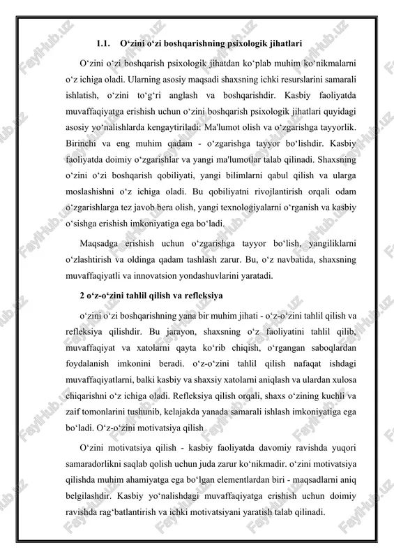 tivatsiyani yaratish talab qilinadi. motivatsiya qilishning eng yaxshi usullaridan biri - o‘ziga kichik maqsadlar qo‘yish va ularni amalga oshirish orqali muvaffaqiyat hissini hosil qilishdir. shuningdek, har bir kichik yutuqni e'tirof etish va rag‘batlantirish, katta maqsadlarga erishishga yordam beradi. hissiy muvozanat va stressni boshqarish. kasbiy faoliyatda stress va tashvishlarni boshqarish ham psixologik jihatdan o‘zini o‘zi boshqarishning ajralmas qismidir. odamlar ko‘pincha yuqori bosim ostida ishlashadi va stressdan xalos bo‘lish yo‘llarini bilishlari kerak. hissiy muvozanatni saqlash va stressni boshqarishning samarali usullari, masalan, meditatsiya, nafas olish mashqlari yoki qisqa tanaffuslar olish, insonning ruhiy holatini yaxshilashga yordam beradi. bundan tashqari, o‘z hissiyotlarini nazorat qilish va salbiy emotsiyalarni boshqarish kasbiy faoliyatda ko‘p muvaffaqiyatlarni keltirishi mumkin. o‘zini boshqarishning bu qismi shaxsning o‘zini tahlil qilish, salbiy hissiyotlarni anglash va ularni ijobiy yo‘l bilan boshqarish orqali amalga oshiriladi. qaror qabul qilish va ijobiy fikrlash. kasbiy faoliyatda tez va aniq qarorlar qabul qilish muhim ahamiyatga ega. o‘zini o‘zi boshqarishning psixologik …