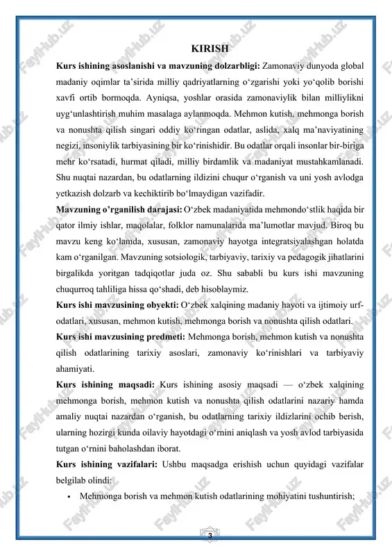 kutish odatlarini o‘rganishning nazariy asoslari 1.1. mehmonga borish odatlari tushunchalarining talqini o‘zbek xalqining asrlar davomida shakllanib kelgan ijtimoiy-madaniy qadriyatlari ichida mehmondo‘stlik alohida o‘rin egallaydi. bu qadriyat jamiyatda insonlar o‘rtasida o‘zaro ishonch, hurmat va mehr-muhabbat muhitini shakllantiruvchi omillardan biri sifatida e’tirof etiladi. mehmonga borish va mehmon kutish odatlari ana shu qadriyatlarning asosiy ifoda vositasi bo‘lib xizmat qiladi. bu an’ana shunchaki tashrif yoki suhbatlashish emas, balki xalqimizning hayot falsafasi, axloqiy tarbiyasi, madaniyati va milliy o‘zligini ifodalovchi chuqur ma’naviy negizga ega ijtimoiy institutdir. mehmonga borish – qadimiy an’ana, zamonaviy ehtiyoj mehmonga borish, asrlar davomida o‘zbek xalqining qadriyatlari va urf-odatlarida chuqur o‘rnashgan, turli vaziyatlarda o‘zining ko‘plab ijtimoiy va madaniy ahamiyatini saqlab kelgan muhim bir jarayon hisoblanadi. bu qadimiy an’ana zamonaviy dunyo bilan ham uyg‘unlashgan va hali ham o‘zining aktual ahamiyatini yo‘qotmagan. mehmonga borish, nafaqat madaniy aloqalarni mustahkamlash, balki oilaviy, ijtimoiy va shaxsiy munosabatlarni rivojlantirishda, biror masalani hal qilishda ham ulkan rol o‘ynaydi. xalqimizda mehmondo‘stlik …
