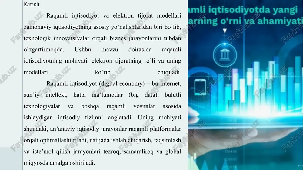 decentralizatsiyalangan tizimlar. raqamli kartalar (masalan, visa yoki mastercard) savdo tezligini oshiradi, ammo mobil valletlar (apple pay, google pay) foydalanuvchi qulayligini ta’minlaydi. blokcheyn asosidagi tizimlar esa xavfsizlikni oshiradi. kriptovalyutalar, masalan, bitcoin, raqamli to’lovlarni decentralizatsiyalashtirib, banklarsiz tranzaktsiyalarni ta’minlaydi. masalan, tesla kompaniyasi bitcoinni to’lov sifatida qabul qilganida, bu raqamli to’lovlarning rivojini ko’rsatdi. 8 8 9 b2b (business to business) – korxonalar o’rtasidagi savdo modeli b2b modeli korxonalar o’rtasidagi savdoni ifodalaydi, bu yerda bitta korxona boshqasiga tovarlar yoki xizmatlar taklif qiladi. bu model ulkan hajmdagi tranzaktsiyalarga asoslanib, uzoq muddatli hamkorlikni ta’minlaydi.chuqur tahlilda, b2b modeli quyidagi afzalliklarga ega: xarajatlarning kamayishi, zanjirning optimizatsiyasi va ma’lumotlar almashinuvi. korxonalar onlayn platformalar orqali yetkazib beruvchilarni topadi, bu savdo jarayonini tezlashtiradi. kamchiliklari orasida murakkab shartnomalar va xavfsizlik masalalari bor. dalil sifatida, b2b savdo global elektron tijoratning 80% ni tashkil qiladi, chunki korxonalar katta hajmdagi xaridlarni amalga oshiradi. 10 10 11 12 elektron tijorat infratuzilmasi raqamli iqtisodiyotning rivojlanishi doirasida elektron tijorat …