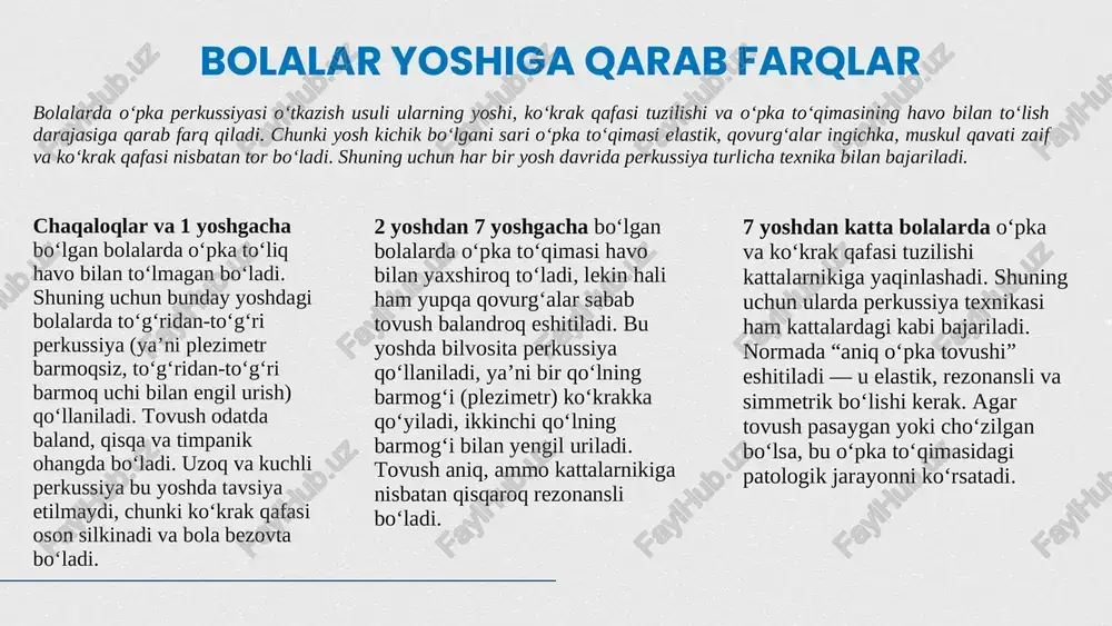 tda o‘pkaning yuqori chegarasi c7 umurtqa darajasida aniqlanadi. b) o‘pkaning pastki chegarasi o‘ng o‘pka pastki chegarasi: • o‘rta o‘mrov chizig‘ida — vi qovurg‘a • o‘rta qo‘ltiq chizig‘ida — viii qovurg‘a • kurak chizig‘ida — ix qovurg‘a • kurak o‘rta chizig‘ida — x qovurg‘a chap o‘pka pastki chegarasi: • o‘rta o‘mrov chizig‘i darajasida o‘pka pastga tusha olmaydi, chunki yurak incisurasi bilan chegaralangan. • yon va orqa sohalarda chegaralar o‘ng tomondagiga o‘xshash tarzda joylashadi. c) o‘pka pastki chegarasining harakatchanligini aniqlash o‘pkaning pastki chegarasi nafas olish va chiqarish vaqtida qanday siljishini aniqlash uchun quyidagicha tekshiriladi: 1. bola chuqur nafas olib, nafasni ushlab turadi. • shu paytda o‘pkaning pastki chegarasi aniqlanadi va belgi qo‘yiladi. 2. so‘ng bola nafas chiqaradi. • pastki chegaraning yangi joylashuvi qayta belgilanadi. 3. har ikki belgi orasidagi masofa o‘lchanadi. • normada bu masofa 1–2 qovurg‘a oraliqqa teng bo‘ladi. bu ko‘rsatkich o‘pka va plevraning elastikligini, shuningdek, nafas harakatlarining to‘liqligini baholashda muhim …