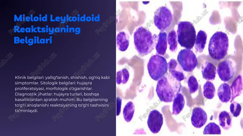 molekulyar tekshiruvlar; ular diagnostik maqsadlarda keng qo'llaniladi. photo by national cancer institute on unsplash 1 2 3 mieloid leykemoidd reaktsiya xulosa va muhim jihatlar kelajak va amaliy ahamiyat xulosa mieloid leykemoidd reaktsiya sitologik diagnostikada muhim rol o'ynaydi, lekin uning to'g'ri tashxisini qo'yishda ehtiyotkorlik talab etiladi. reaktsiyaning asosiy xususiyatlari, klinik belgilari va sitologik tahlil usullari bilan tanishish diagnostika uchun muhimdir. zamonaviy texnologiyalar va innovatsiyalar sitologiyada aniqlik va samaradorlikni oshiradi, kelajakda diagnostika jarayonlarini rivojlantiradi. foydalanilgan adabiyotlar 1. o‘zbekiston respublikasi onkologiya markazi. mieloid leykemoid reaktsiya va sitologik diagnostika usullari. toshkent: o‘zbekiston respublikasi onkologiya markazi, 2020. 2. akmalov s. sitologik diagnostika metodlari va ularning klinik ahamiyati. toshkent: ilm-fan, 2018. 3. qodirov r., islomov b. mieloid reaktsiyalarni mikroskopik tahlili. o‘zbekiston tibbiyot akademiyasi nashriyoti, 2019. 4. nazarov d. va boshqalar. sitologik diagnostikada zamonaviy texnologiyalar. tibbiyot va biotexnologiyalar jurnal, 2021, 15(3), 45-55. 5. sultonov a. mieloid leykemoid reaktsiyaning klinik va sitologik belgilari. o‘zbekiston tibbiyot gazetasi, 2022, 12(4), …