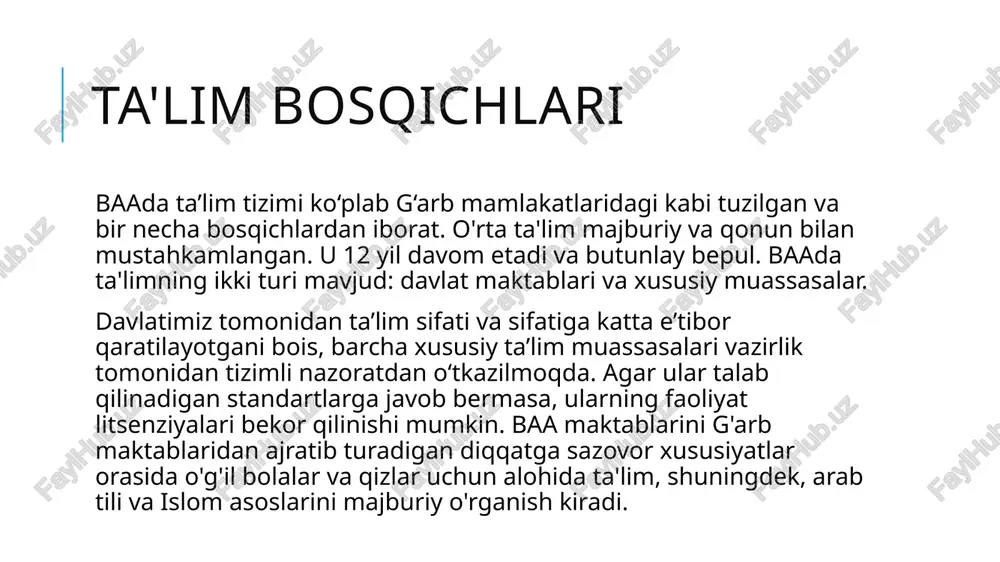 tablari; pedagogika institutlari. universitetlar baadagi oliy ta'lim xalqaro standartlashtirish tizimiga to'liq mos keladi, ya'ni amirliklar diplomlari butun dunyoda tan olinadi va yuqori akkreditatsiya darajasiga ega. universitet ta’limi bakalavr (3-4 yillik o‘qish), magistratura (2-3 yillik o‘qish) va doktorantura darajasini olish imkoniyatini beradi. universitetga kirish imtihonlari natijalari, o‘rta ma’lumot diplomi va ingliz tilini bilish darajasi asosida amalga oshiriladi. qabul standartlashtirilmagan va individual asosda ko'rib chiqiladi. universitetlar baa universitetlarida o'qishning eng mashhur intizomiy yo'nalishlari: bank ishi; turizm; iqtisodiyot; biznes; boshqaruv; marketing; axborot texnologiyalari universitetlar universitetlar abituriyentlarga institutning malakasiga qarab o'z talablarini qo'yadi. ta'lim muassasa va o'quv rejasiga qarab turli tillarda olib boriladi. asosiy tillar - arab va ingliz. til to'siqlari bo'lgan abituriyentlar maxsus tayyorgarlik kurslarini o'tash imkoniyatiga ega bo'lishlari mumkin. baadagi o'quv yili yil bo'yi davom etishi mumkin, bu esa universitetda o'qishni qisqartirish imkonini beradi. e'tiboringiz uchun rahmat! image2.jpeg image3.gif /docprops/thumbnail.jpeg gs es tl qj wp, qw yq kkk zs se 4 yw …