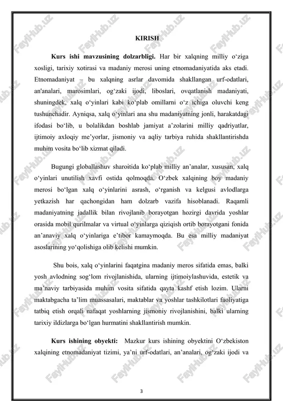 shlarni boshdan kechirayotganini, · o'yinlarning ijtimoiy va madaniy vazifalarini, · ularning etnomadaniyat va milliy o'zlikni shakllantirishdagi ahamiyatini o'rganish, · shuningdek, xalq o'yinlarini saqlash va rivojlantirish bo'yicha strategiyalarni ishlab chiqish nazarda tutiladi. · predmetning asosiy maqsadi, o'yinlar orqali milliy an'analarni qanday saqlash mumkinligini, ularning jahon madaniy merosidagi o'rnini aniqlash va xalq o'yinlarining kelajagi haqida tahlil qilishdir. kurs ishining maqsadi: kurs ishining asosiy maqsadi xalq o'yinlarining etnomadaniyatdagi o'rnini va ahamiyatini o'rganish, shuningdek, o'yinlarning milliy identifikatsiya va madaniy merosni saqlashdagi rolini tahlil qilishdir. ushbu ishda xalq o'yinlarining madaniy, tarixi va ijtimoiy jihatlari, shuningdek, zamonaviy davrda ularning rivojlanishi va ommaviylashuvi bo'yicha tavsiyalar ishlab chiqish ko'zda tutiladi. kurs ishi orqali, xalq o'yinlarining o'ziga xos turlari va ularning jamiyatdagi ijtimoiy ahamiyati aniqlanadi, va bu o'yinlarning kelajagi haqida ilmiy fikrlar beriladi. kurs ishing vazifalari: xalq o'yinlarining etnomadaniyatdagi roli va ahamiyatini tahlil qilish, ularning madaniy va tarixiy meros sifatida saqlanishidagi o'rnini aniqlash. xalq o'yinlarining turli turlarini (jismoniy, musiqali, …