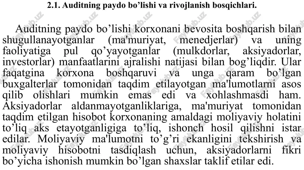 oshqaruvchiga aksariyat hollarda xo’jalik muomalalarini takomillashtirish borasida yo’l – yo’riqlar ko’rsatiladi. operatsion auditda tekshiruvga boshqaruv tashkiliy tizimining hajmi, buxgalteriya hisobining tashkiliy uslubi va texnikasi, kompyuter tizimlari, marketing uslublari va boshqa javhalar kiritilishi mumkin. boshqaruv samaradorligi xo’jalik tizimining turlicha bo’lishiga bog’liqligi sababli aniq operatsion auditni ifodalash mushkul. masalan, biron – bir tashkilotda qimmatli qog’ozlarni sotib olgandan ko’ra ko’chmas mulk xarid qilish samaraliroqligi aniqlanib, tegishli maslahatlar berilsa, boshqa korxonada umumiy mehnat unumdorligiga ta'sir qiluvchi omillar o’rganilib, ishlatilmayotgan zahiralardan foydalanish yo’llari ko’rsatiladi. operatsion auditda tekshiruvga boshqaruv tashkiliy tizimining hajmi, buxgalteriya hisobining tashkiliy uslubi va texnikasi, kompyuter tizimlari, marketing uslublari va boshqa javhalar kiritilishi mumkin. boshqaruv samaradorligi xo’jalik tizimining turlicha bo’lishiga bog’liqligi sababli aniq operatsion auditni ifodalash mushkul. operatsion auditning mushkullligi shundaki, uning ma'lumotlarini ob'ektiv baholash qiyin. masalan, moliyaviy hisobot auditida hisobotni belgilangan buxgalteriya standartlariga mos ravishda tuzulganligini aniqlab baho berishda yo’l qo’yilgan kamchiliklarni ko’rsatish bir muncha yengildir. shuning uchun operatsion audit moxiyati jihatidan …